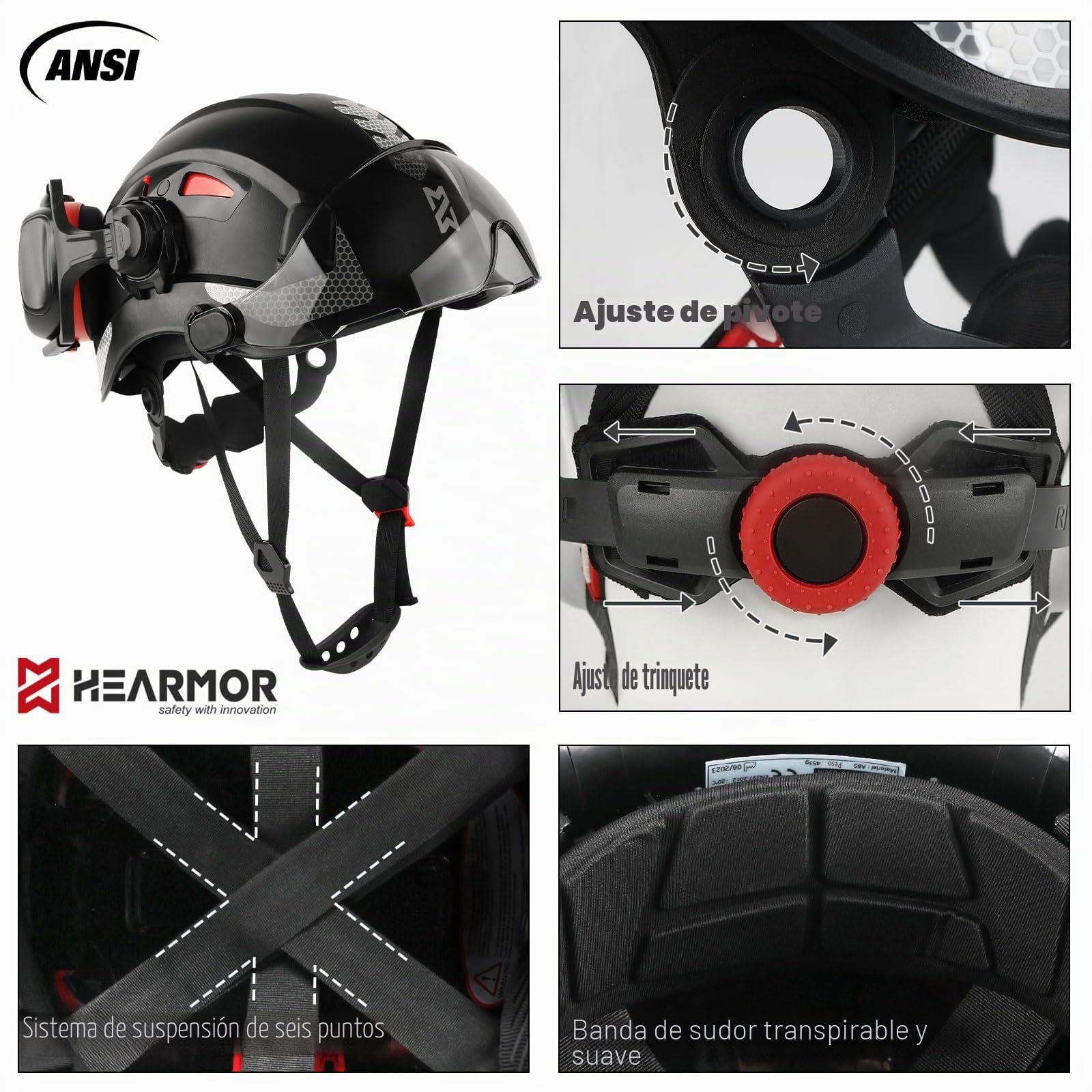 HEARMOR Casco 3 en 1 con protección auditiva y visera, casco de trabajo certificado EN 397 para trabajos forestales, construcción y escalada, incluye bolsa portátil y forro refrigerante
