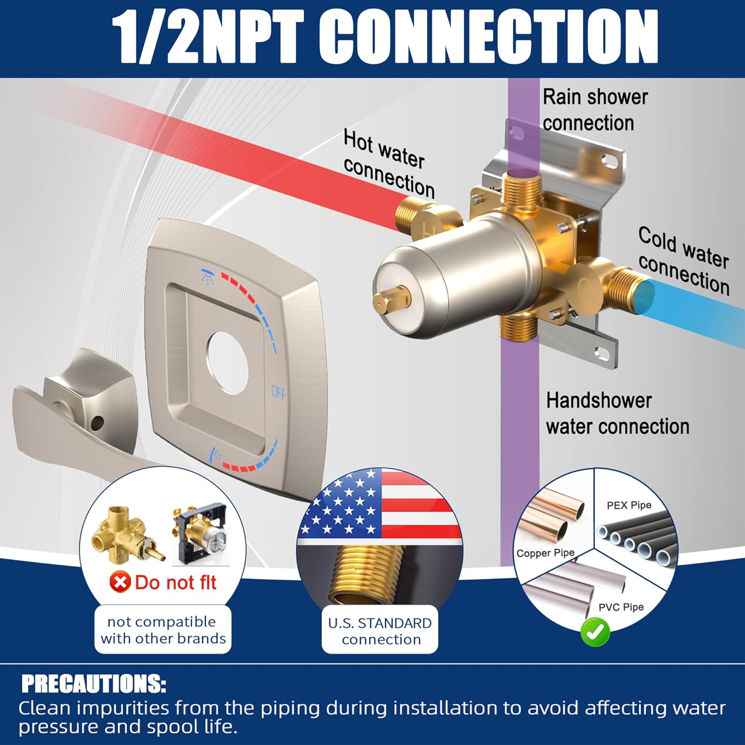 2 Way Shower Diverter Mixing Valve, Dual-Function Pressure Balance Shower Control Brass Rough-In Mixer 1/2" NPT Connection, Single Handle Brushed Nickel Shower Trim Kit
