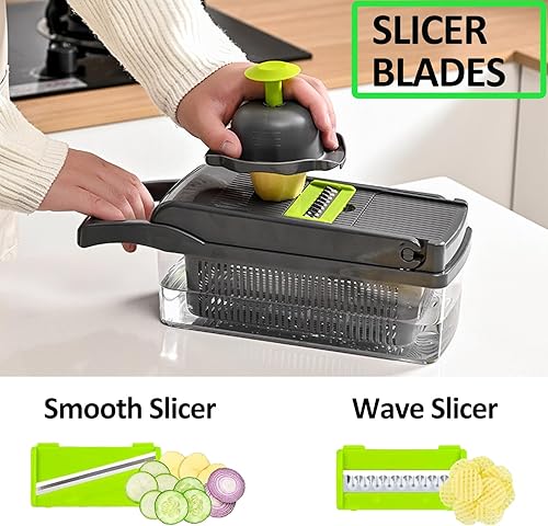 Miniatura 4 de Picadora de alimentos multifuncional profesional Cortadora de verduras 13 en 1, cortadora de cebollas, zanahorias, ajo y más, con 8 cuchillas