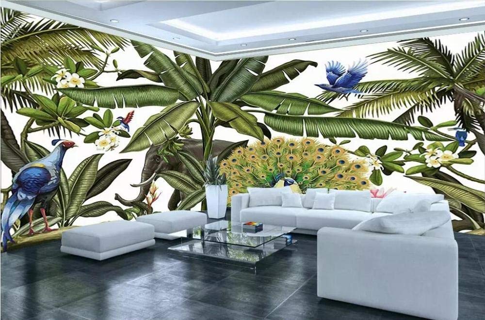 Papier peint personnalisé forêt tropicale paon éléphant géant