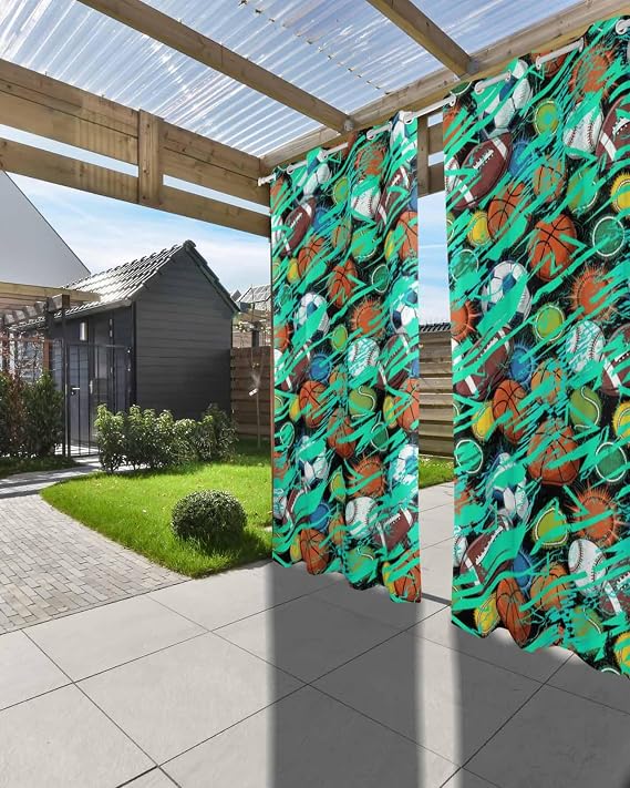Outdoor Curtains for Patio, Sports Theme Waterproof Blackout Curtain for Porch/Pergola/Gazebo, Funny Abstract Football Rugby Basketball Thermal Insulated Drapes for Cabana, 1 Panel, 54 x 84 Inch