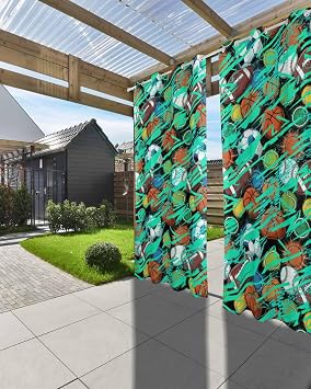 Outdoor Curtains for Patio, Sports Theme Waterproof Blackout Curtain for Porch/Pergola/Gazebo, Funny Abstract Football Rugby Basketball Thermal Insulated Drapes for Cabana, 1 Panel, 54 x 84 Inch