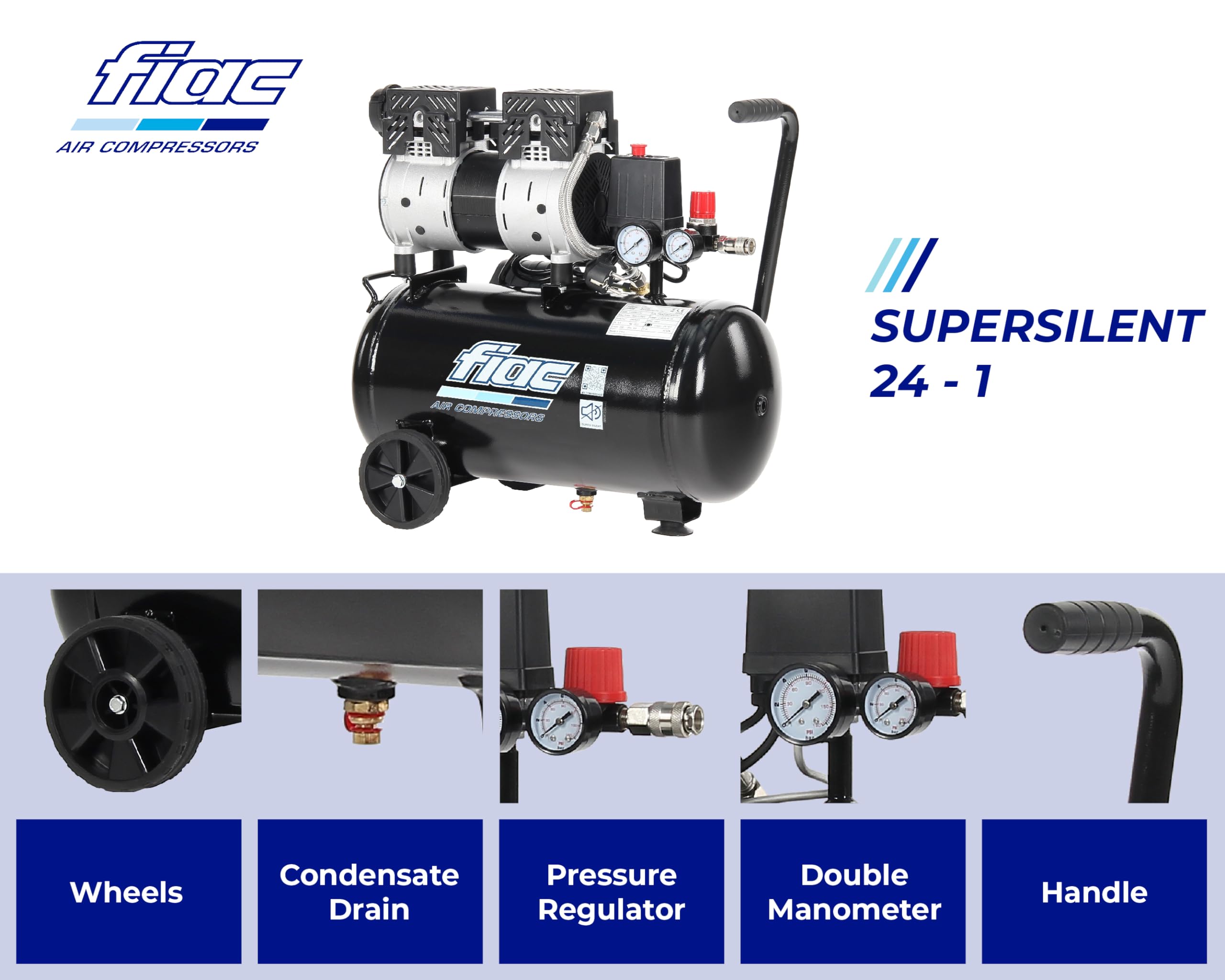 FIAC Geräuscharmer Mobiler Luftkompressor SUPERSILENT 24, Ölfrei, Maximaler Druck 8 Bar, 1 PS, 24-Liter-Tank, Geräuschpegel 58 dB LpA