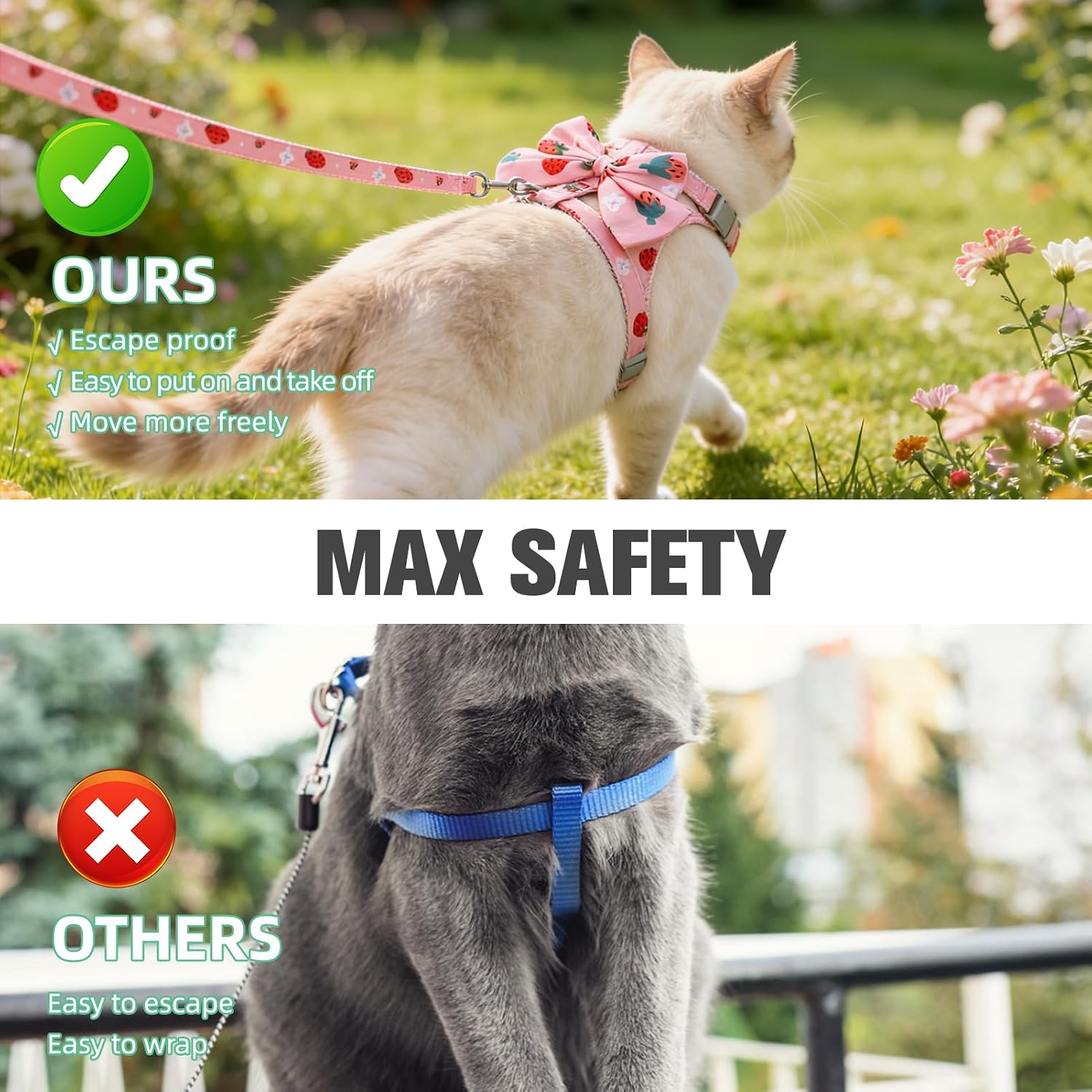 PAWCHIE Cat Harness and Leash Set Escape Proof with Bow Knot, Adjustable Kitten Vest Harness for Outdoor Indoor Use, Lightweight Soft Walking Travel Pet Harness for Medium Cats Boys Girls,Pink M