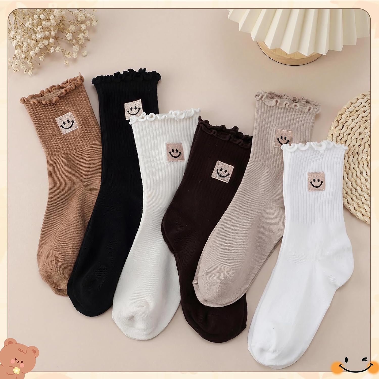Glitopper 12 Pairs Women's Ruffle Ankle Socks, Cute Embroidered Frilly Lettuce Trim Crew Socks Soft Ribbed Knit for Adults
