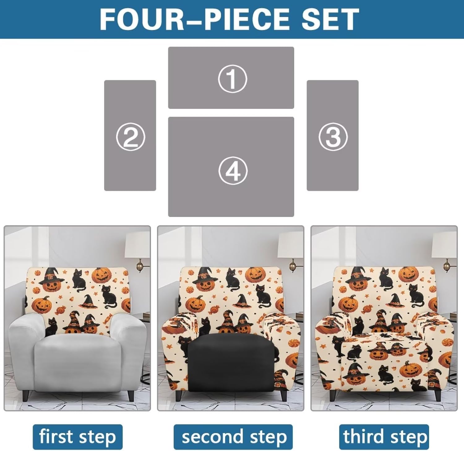 FOR U DESIGNS Pumpkin Black Cat Recliner Chair Covers 4 Pieces Stretch with Side Pockets Elastic Edges Washable for Small Recliners Easy to Install for Children and Pets