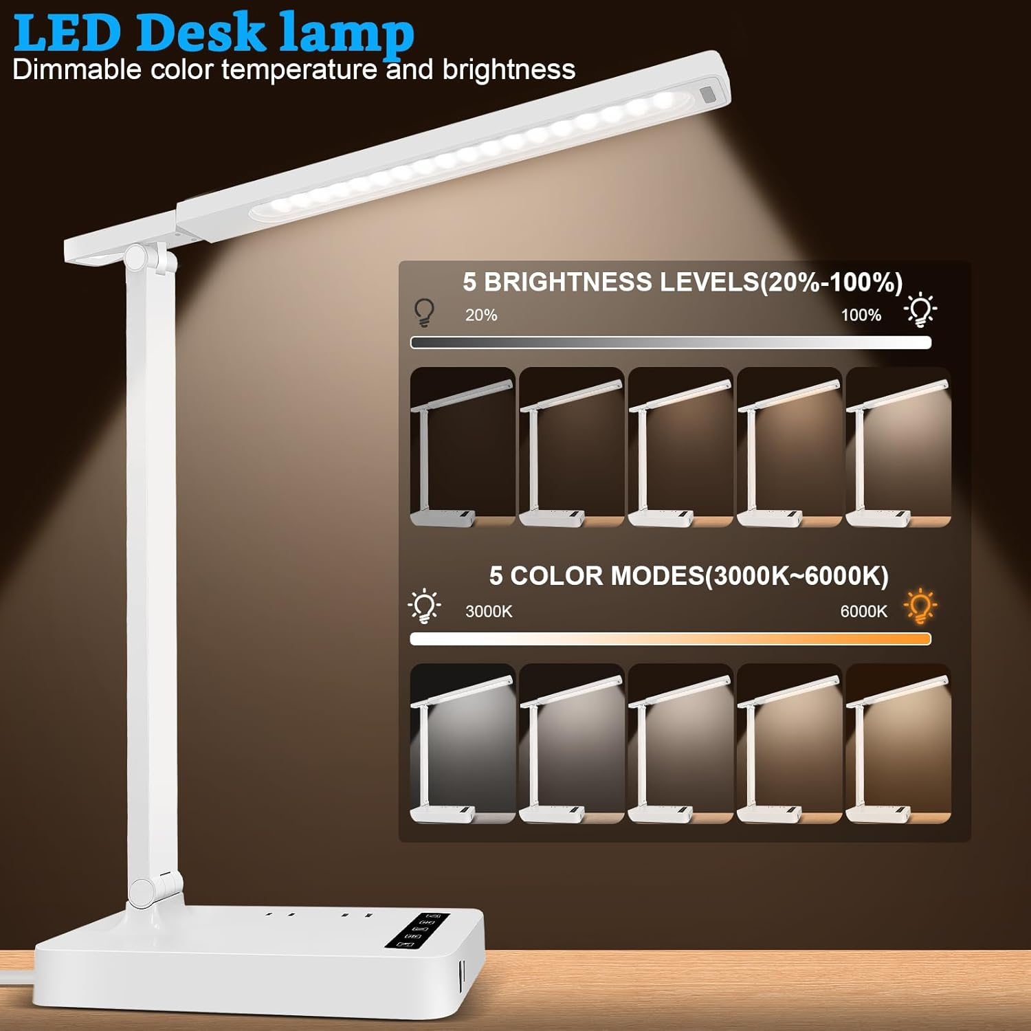 Smart Desk Lamp with 4-in-1 Charging Station (2 AC outlets, Type-C, USB-A Ports), 5 Color temperatures and 5 Brightness Levels, Adjustable gooseneck arm, Eye-Friendly Lighting for desks, bedrooms
