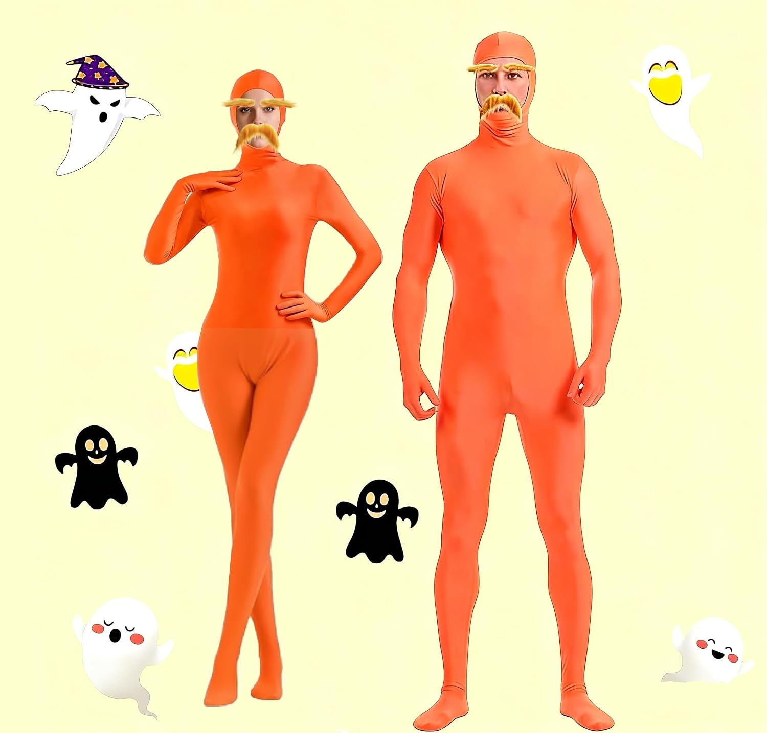 Sheface Men's and Women's Orange Open Face Bodysuit Costume Adult Stretchy Spandex Zentai with Yellow Mustache and Eyebrows