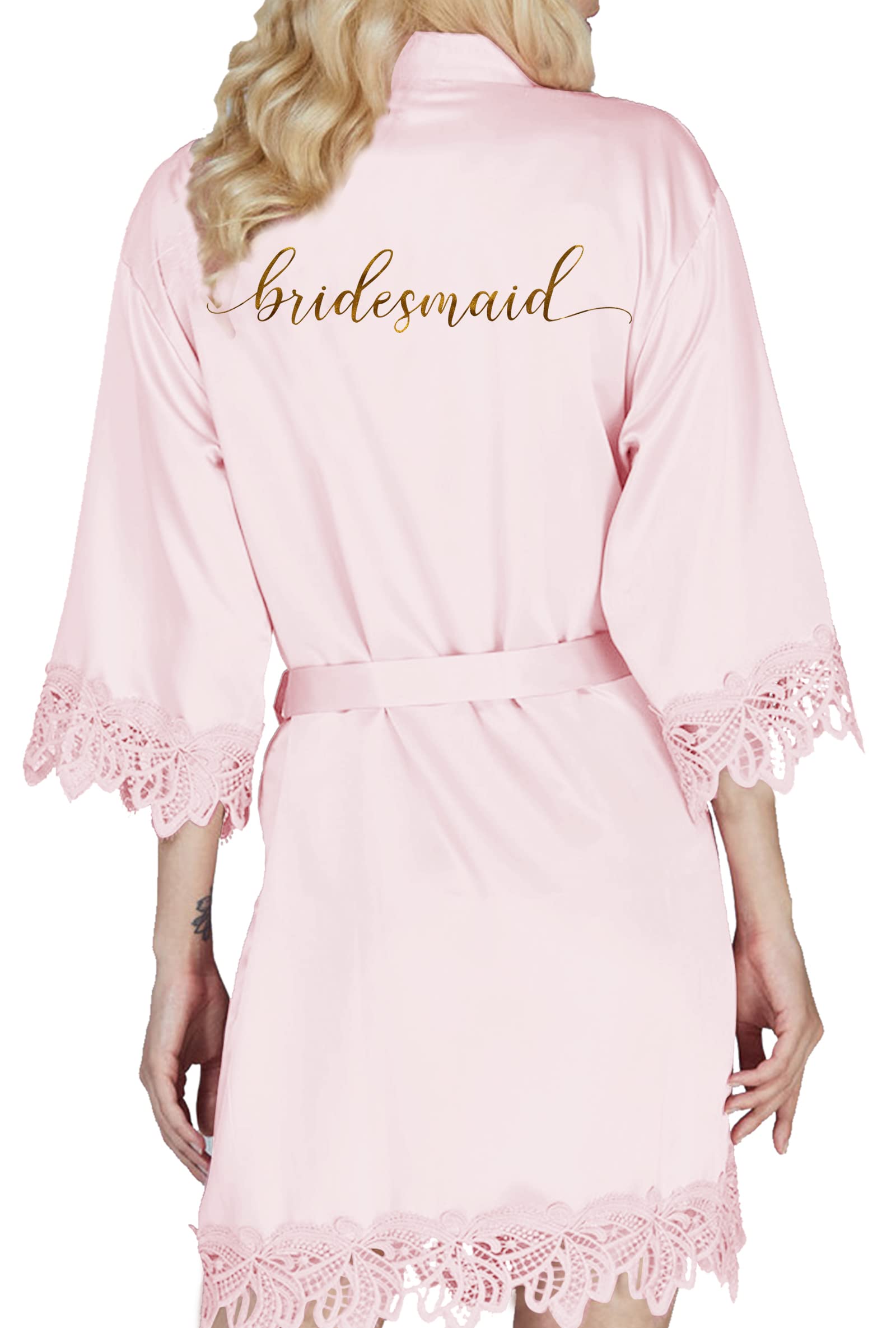 Y Wjing Yi Jia Women's Pale Pink-B Robe ’S Kimono Satin Bridesmaid Wedding Party Bridal Morning Silk Lace Trim Silky Dressing Gown Monograms