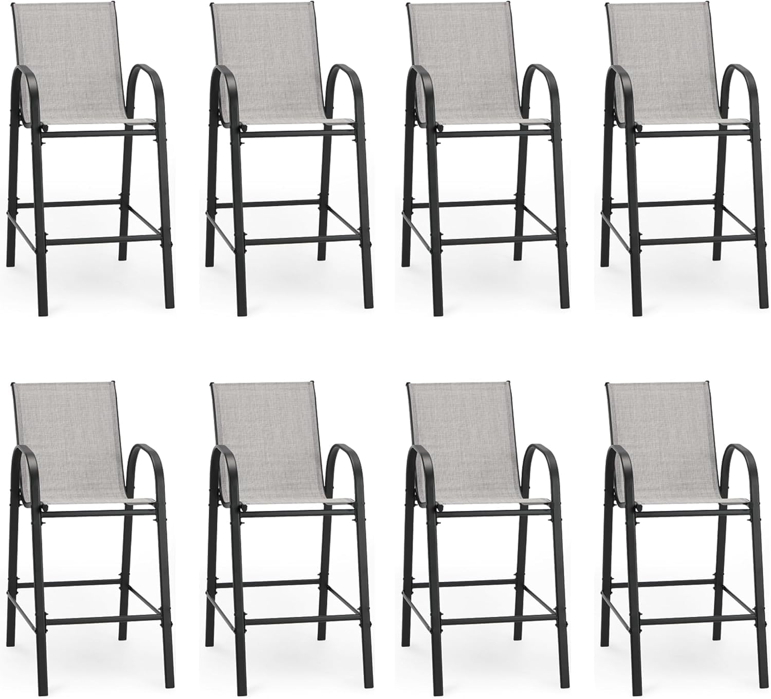 HOMREST Outdoor Bar Height Stools Set of 8,High Back Patio Chairs with Armrests,Textilene Chairs with Breathable Fabric &amp; Metal Frame for All Weather,Light Grey
