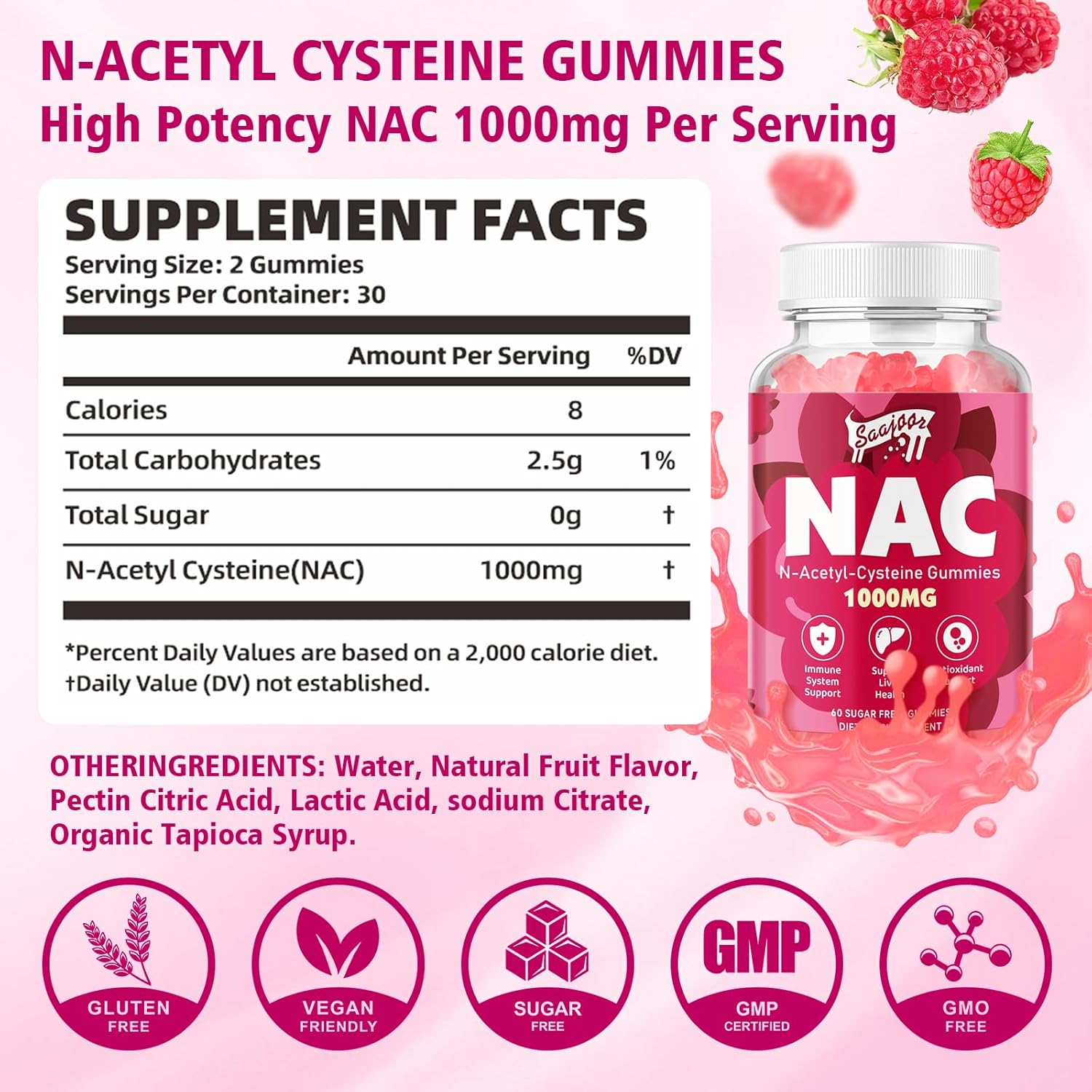 2 Pack NAC Gummies Sugar-Free, N-Acetyl Cysteine NAC Supplement 1000mg for Antioxidants, Immune Support, Non-GMO, Gluten-Free, Vegan – Raspberry Flavor, 120 Gummies - Image 2