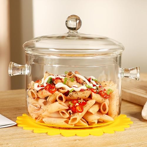 Miniatura 5 de Olla de cocción de vidrio transparente con tapa, cepillo y almohadillas calientes de silicona en la estufa, olla y sartén de vidrio de borosilicato