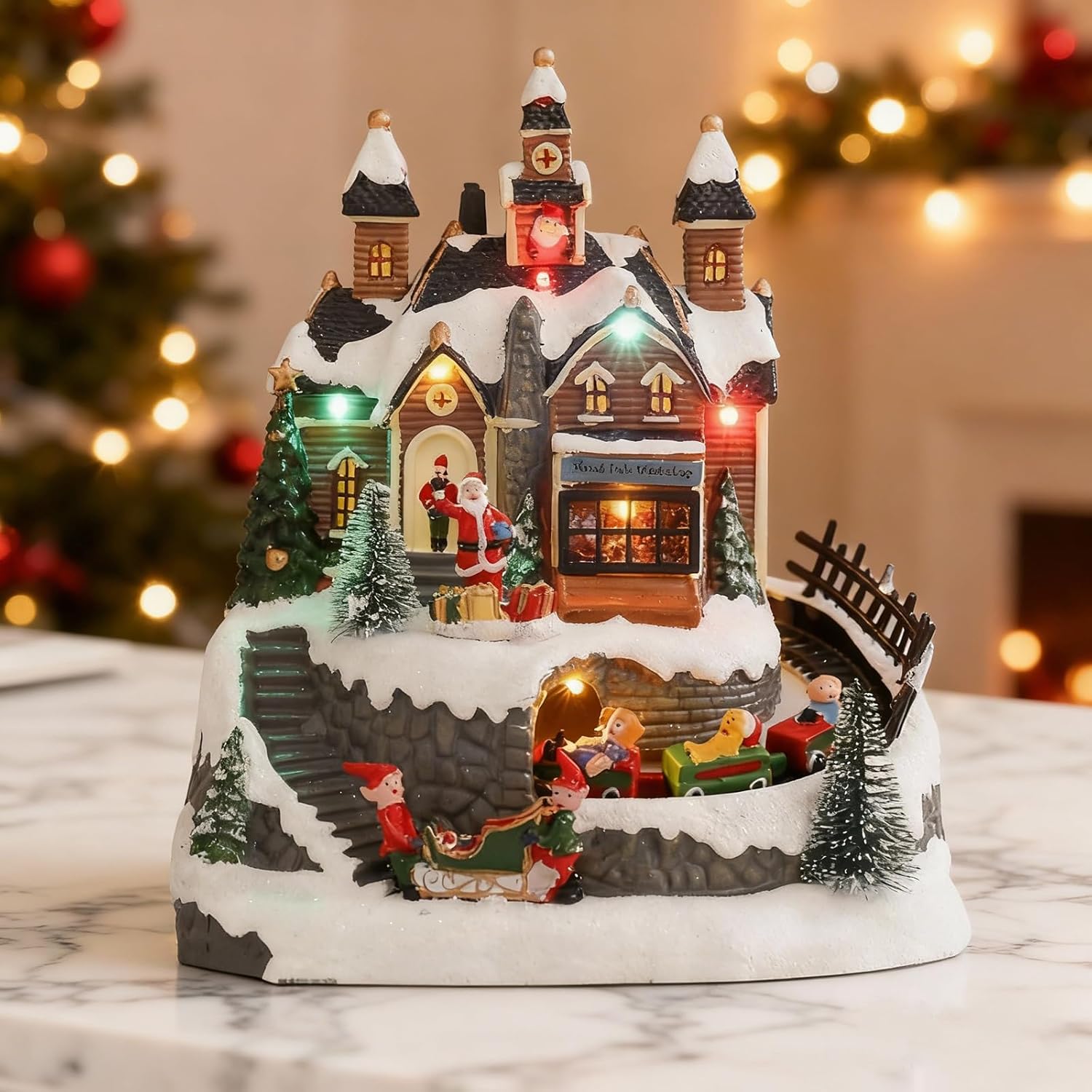 Vigdur Christmas Village Houses - Animated Christmas Village Shop with Colorful Lights & 8 Songs, Rotating Train, Adapter & Battery Powered Animation Xmas Decoration for Home Tabletop Gift