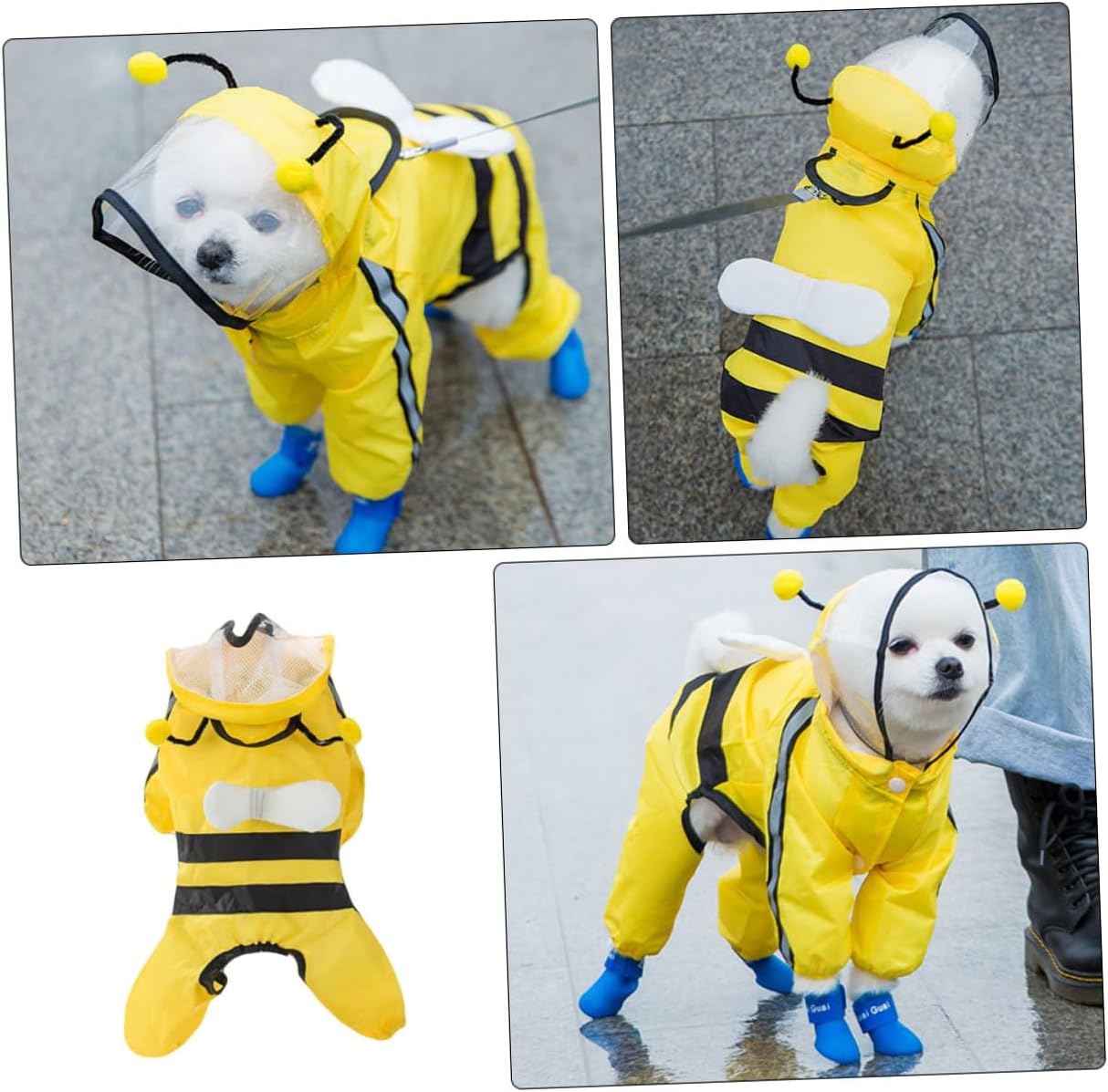 Pet Bee Shaped Hooded Raincoat Waterproof Dog Poncho Four-Legged Design for Small to Medium Puppies Outdoor Rain Gear