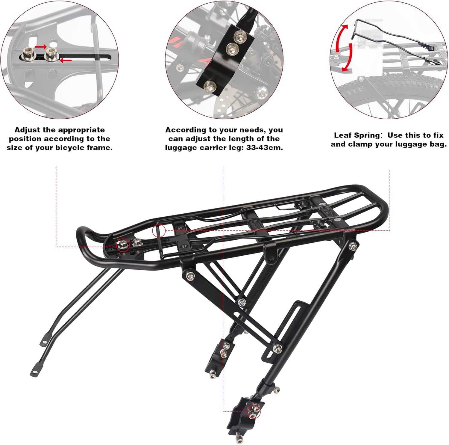 Bike Rear Rack Lightweight Bike Cargo Rack，Adjustable Luggage Touring Carrier Racks for City Bike/Road Bike/Mountain Bike