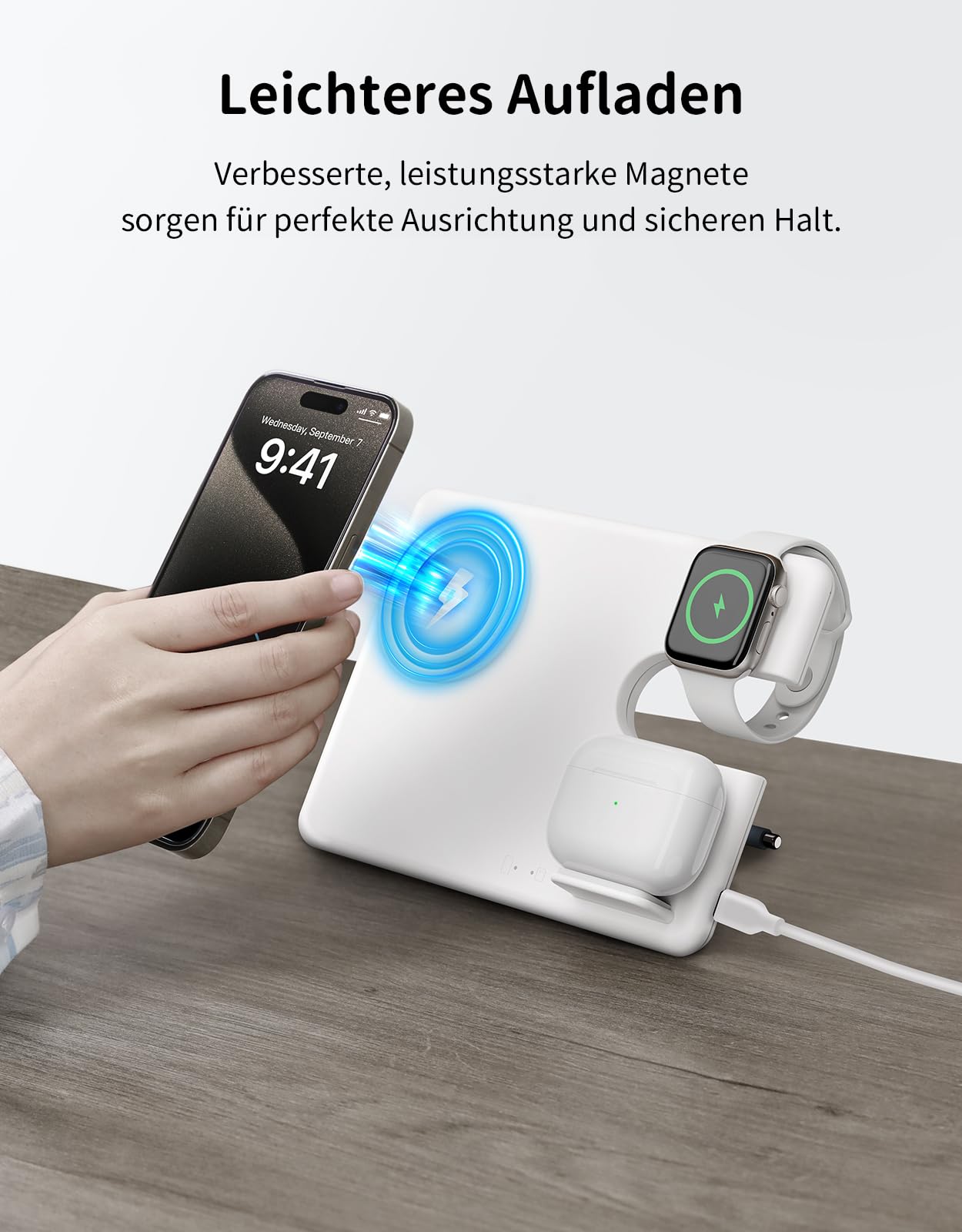 JoyGeek Caricatore per MagSafe, 3 in 1 Base Ricarica Magnetico per iPhone 15/14/13/12/Plus/Pro Max, Stazione di Ricarica per Apple Watch Ultra 2-2, Caricabatterie Wireless per AirPods Pro/3/2-Bianco