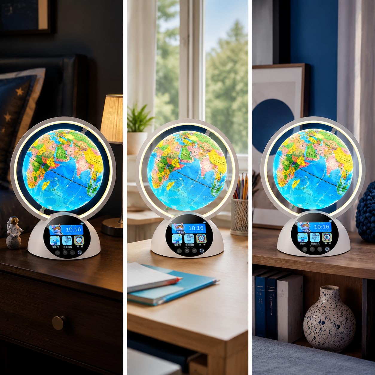 er Globe für Kinder, Lernspielzeug mit Touchscreen, Nachtlicht & Weckerfunktion, Blauer Kinderglobus