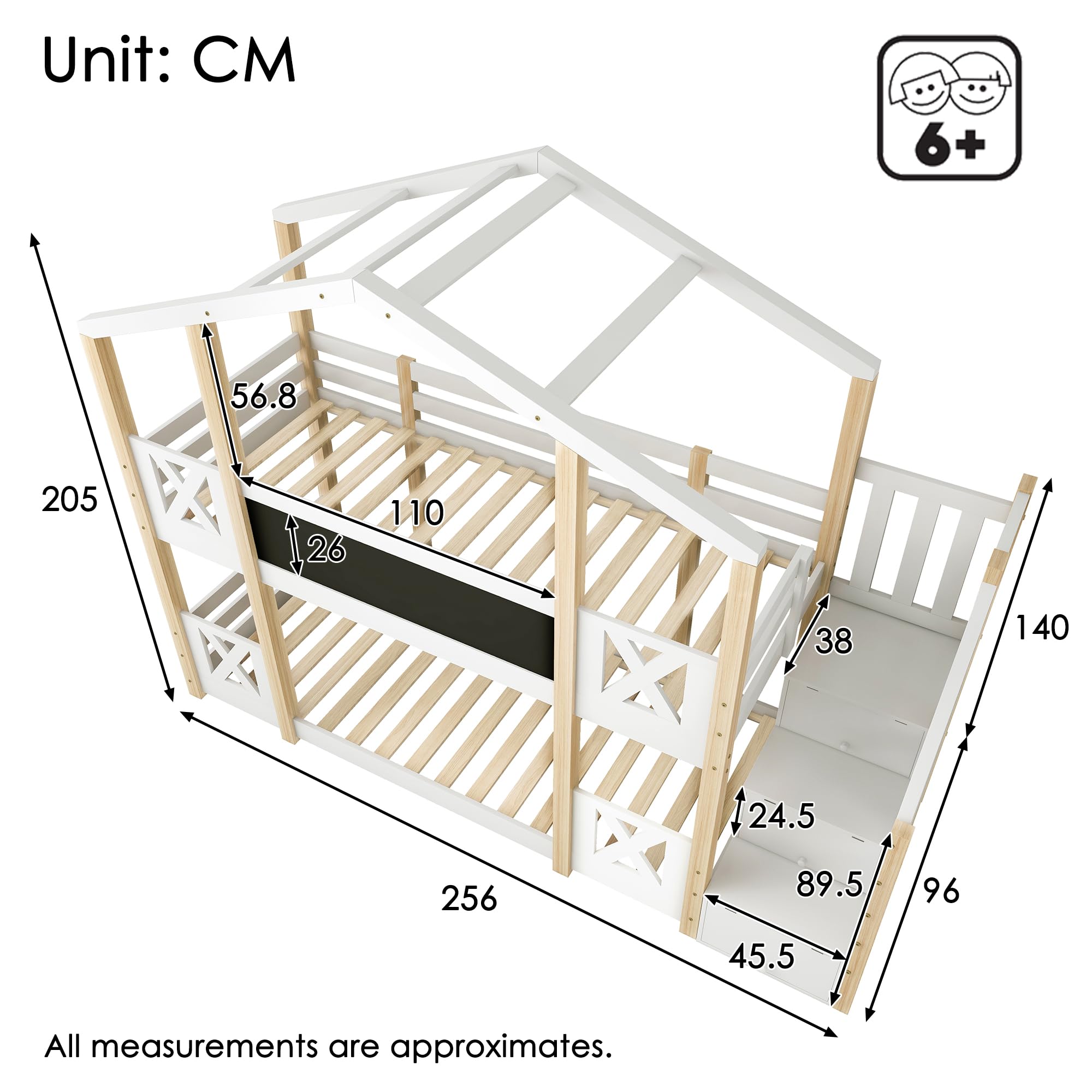 Lit superposé pour Enfants 90 x 200 avec échelle, Lit Cabane Enfant avec Tableau, Lit Cabane Enfant Arbre avec Rangement et Barrières de Sécurité, Blanc et Naturel