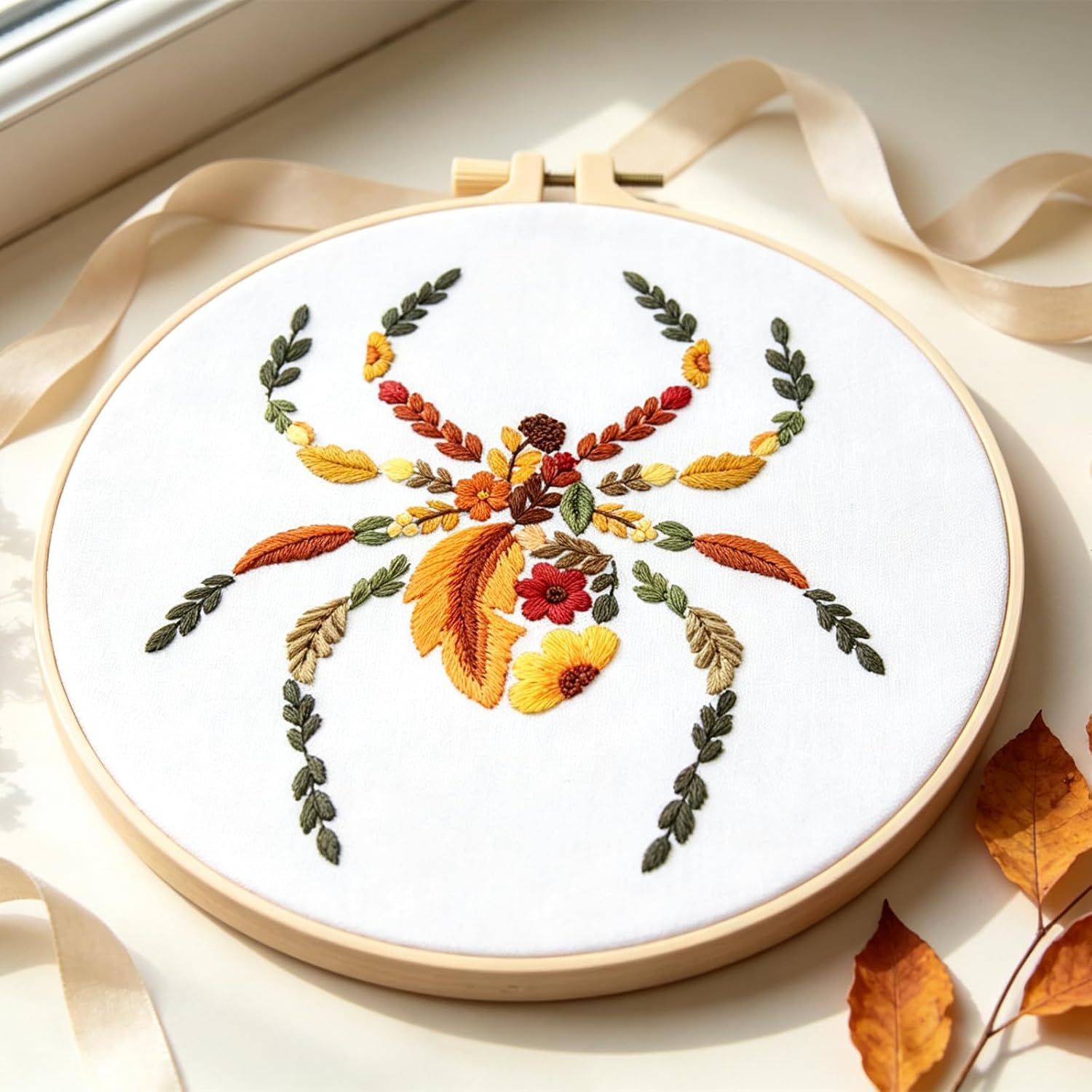 Fall Spider Embroidery Kits for Beginners Adults, Autumn Halloween Embroidery Starters Kits, Stamped Cross Stitch Kits Needlepoint Kits for Beginners Adults, Embroidery Hoop, Thread and Video Tutorial