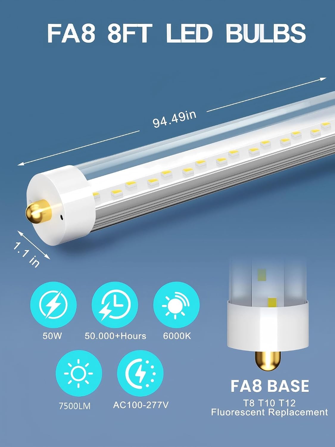 8ft LED Bulbs, 50W 6500LM 6000K, FA8 Single Pin LED Ballast Bypass Tube Lights Clear Cover, F96 T8 T10 T12 8 Foot LED Shop Lights to Fluorescent Replacement for Workshop, Warehouse, 10 Pack