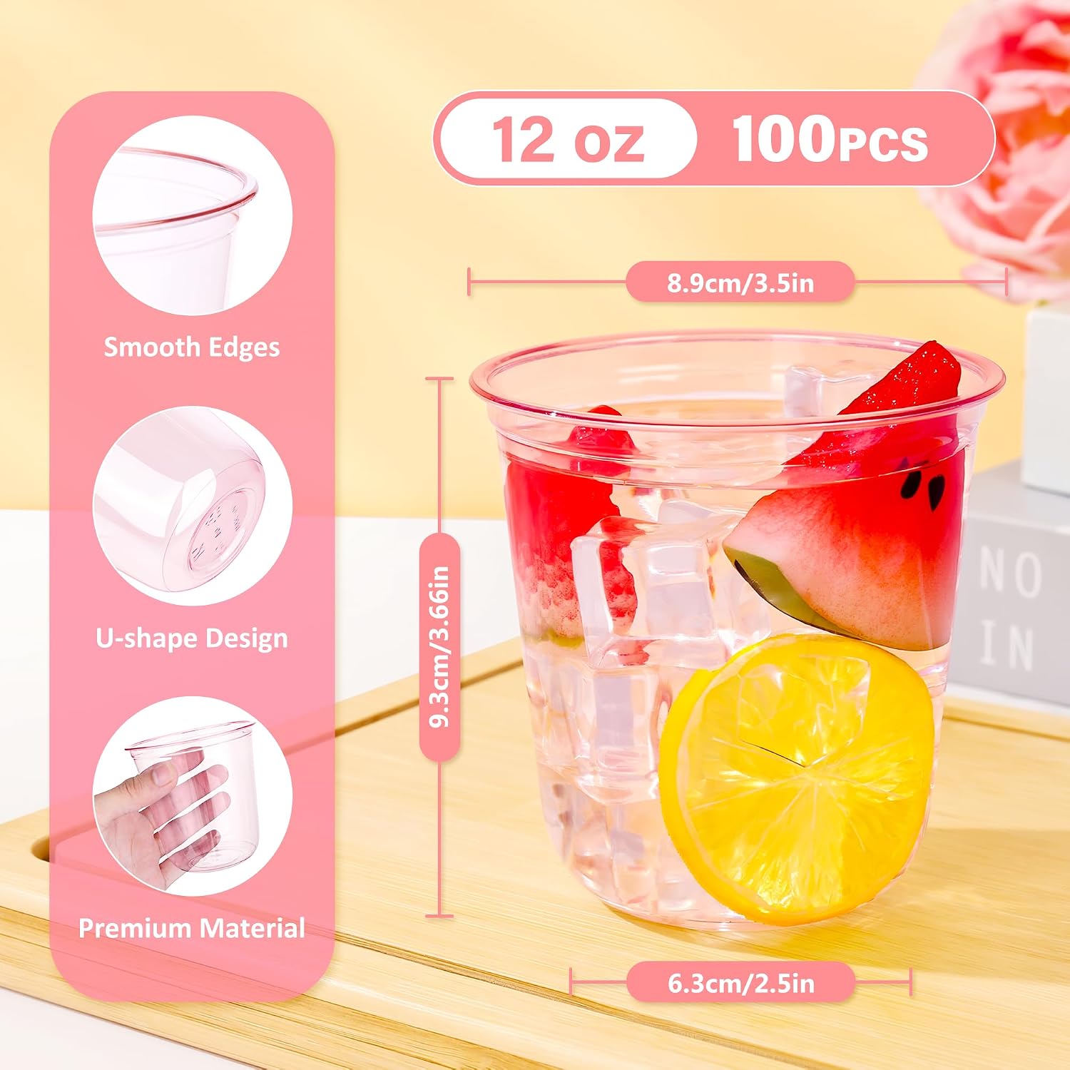 DI QIU REN 100 Pcs 12 OZ Pink Plastic Cups - Pink Cups Disposable Wine Glasses, Round Bottom Plastic Cup, Martini Party Cup for Birthday Wedding Meeting Valentines Baby Showers Picnic Festive