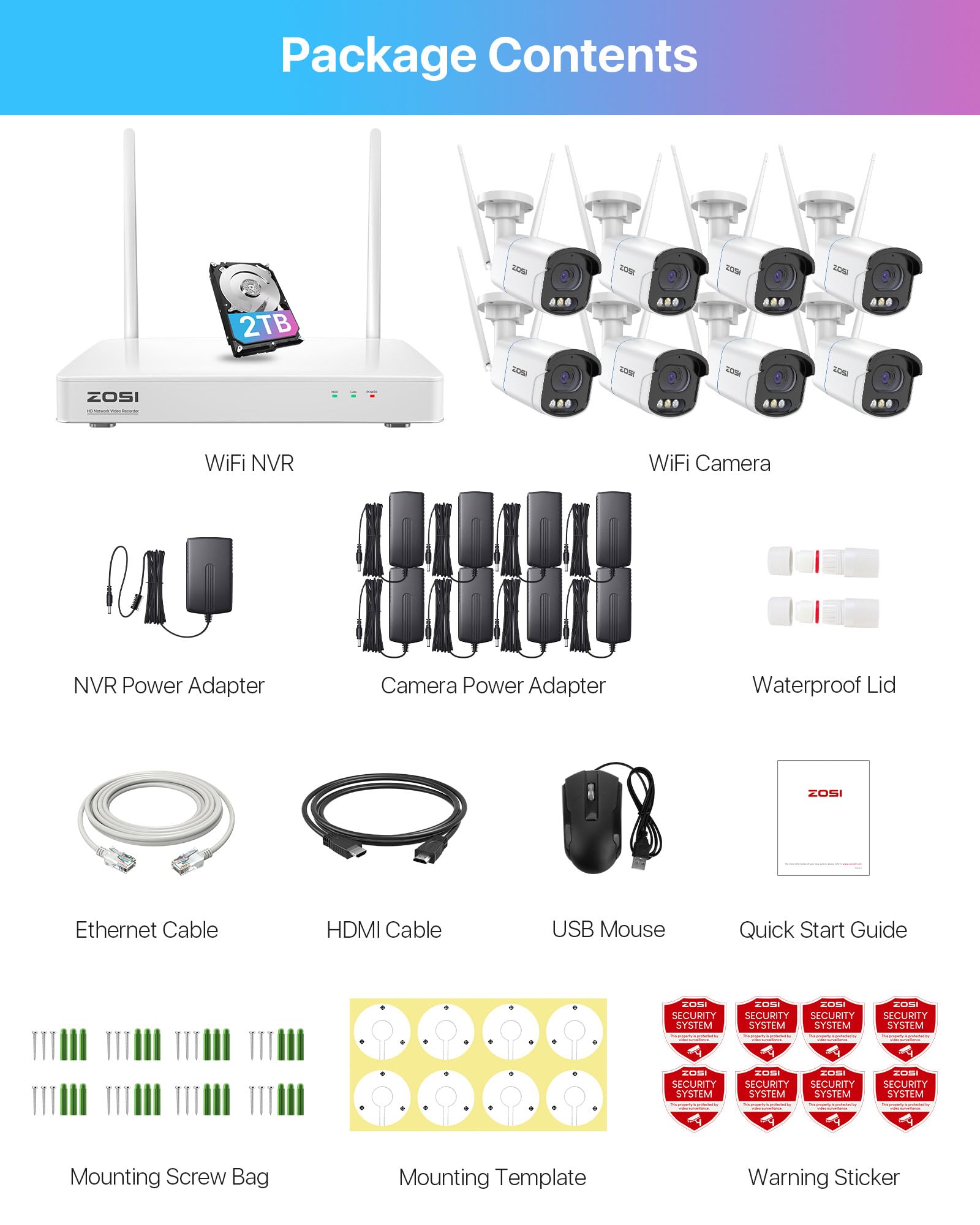 ZOSI 4MP Kit Cámaras de Vigilancia WiFi 8CH H.265+ Grabador NVR Inalámbrico con 8X Cámaras Impermeables, Visión Nocturna, Alarma de Movimiento, 2TB HDD Incluido