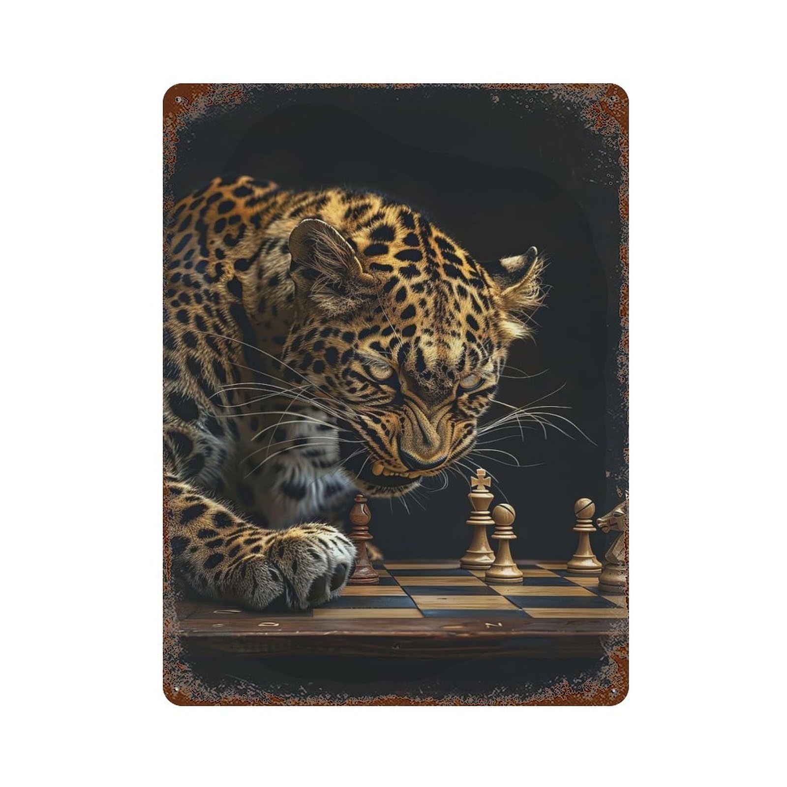Garage Style Leopard Chess Vintage Rust Metal Sign 15.7"x11.8", Retro Wall Decor for Bar And Workshop
