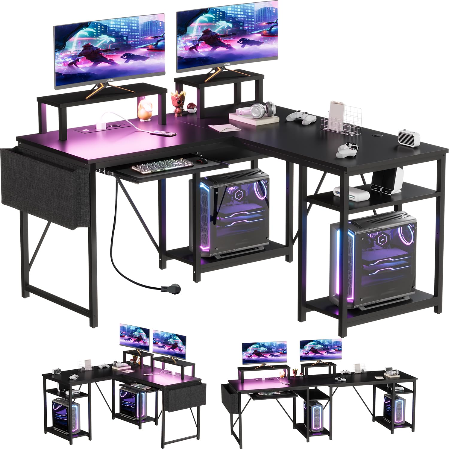 Escritorio Gaming de Esquinero y LED, 140x140cm Escritorio en L con 4 Cajones Reversible, Mesa en L con 2 Puertos de Carga USB y 2 Enchufes, Escritorio con Estante para Monitor, Negro