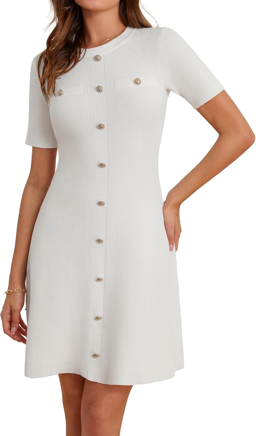 GRACE KARIN Womens 2025 Ribbed Knit Tweed Dresses Short Sleeve Crewneck A Line Mini Sweater Dress with Decorative Buttons