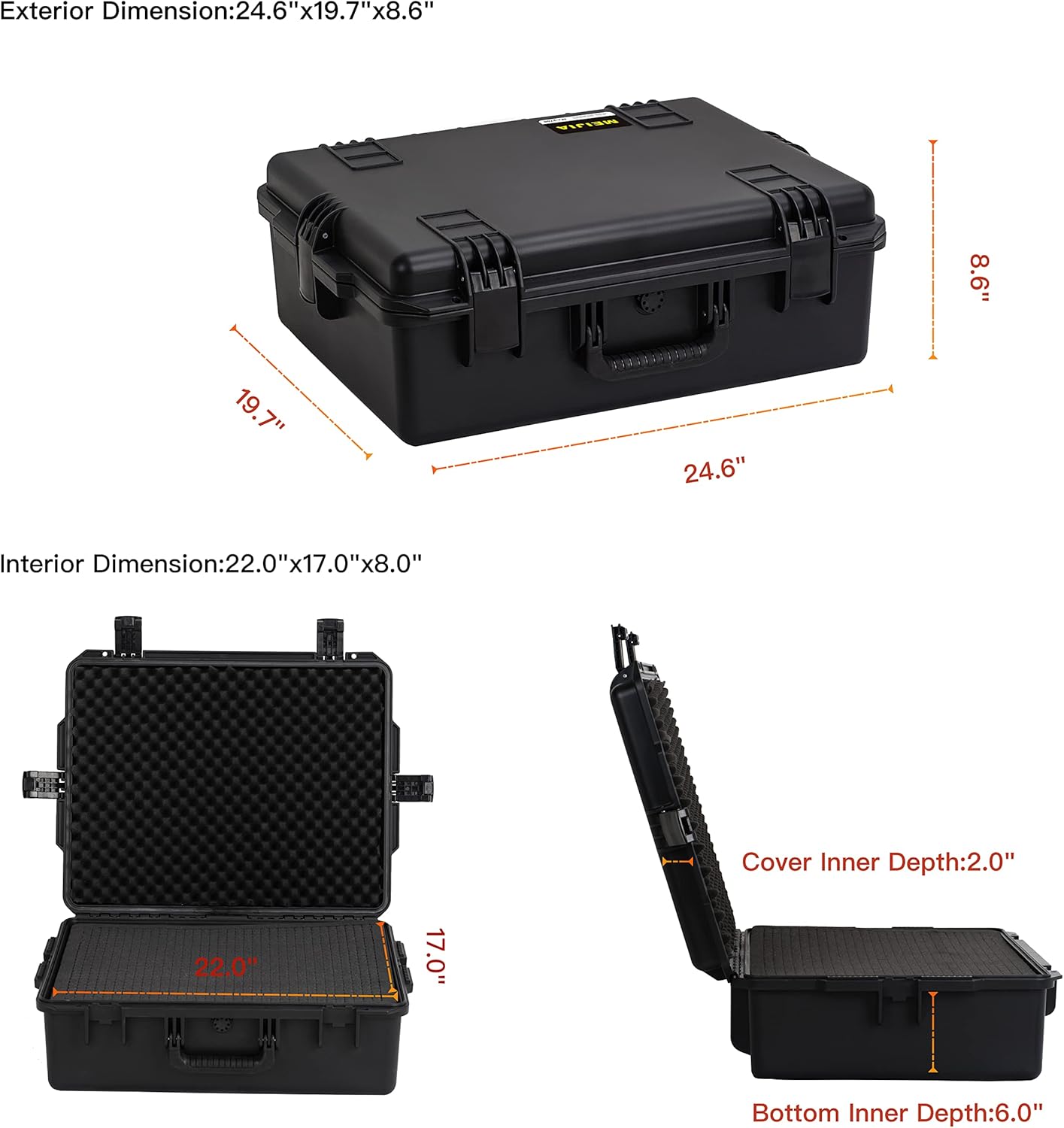 MEIJIA Premium Portable All Weather Heavy Duty Waterproof Hard Compact Camera Case with Customizable Fit Foam, Lightweight Design,24.6"X19.7"X8.6",Black - Image 5