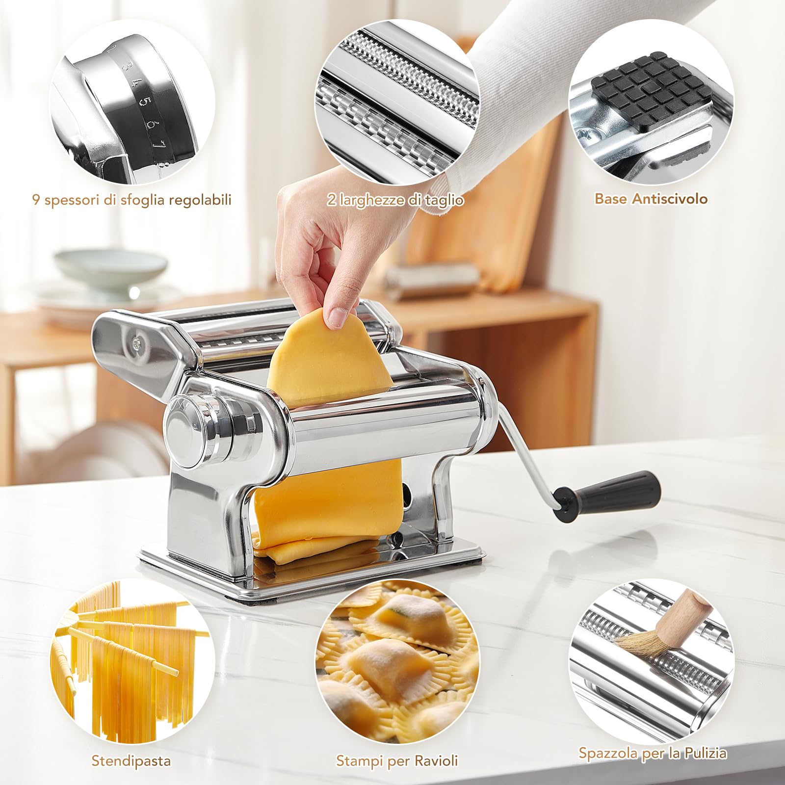ROSSETTO Macchina per la pasta manuale in acciaio inox 9 spessori regolabili 2 larghezze taglio per lasagne spaghetti fettuccine ravioli