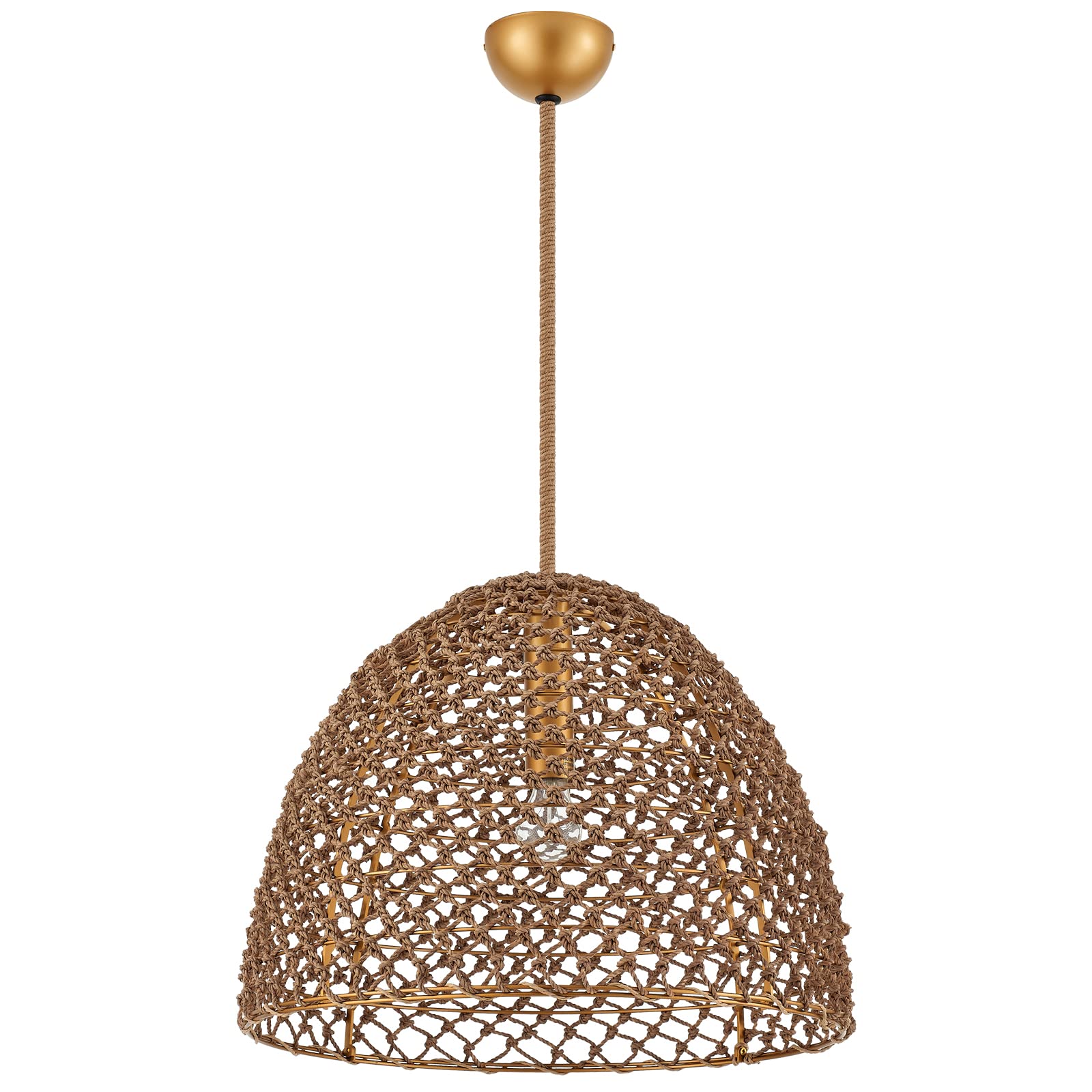 ELYCCUPA Hand Woven Boho Farmhouse Chandelier Brass Adjustable Open Weave Cane Rib Dome Large Pendant Light for Kitchen Island Dining Room Living Room, Dia 20 Inch, E26, UL Listed