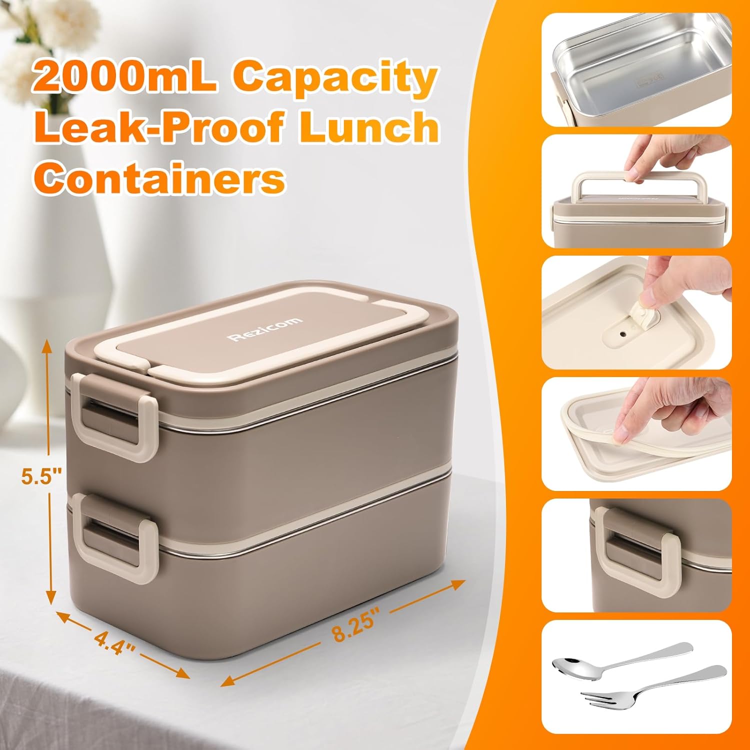 Stainless Steel Lunch Box for Kids and Adult, Two Layer 2 L Capacity Leak-Proof Bento Box for Kids, Lunch Containers for Women School Office with Stainless Steel Soup Bowl Spoon and Fork - Image 4