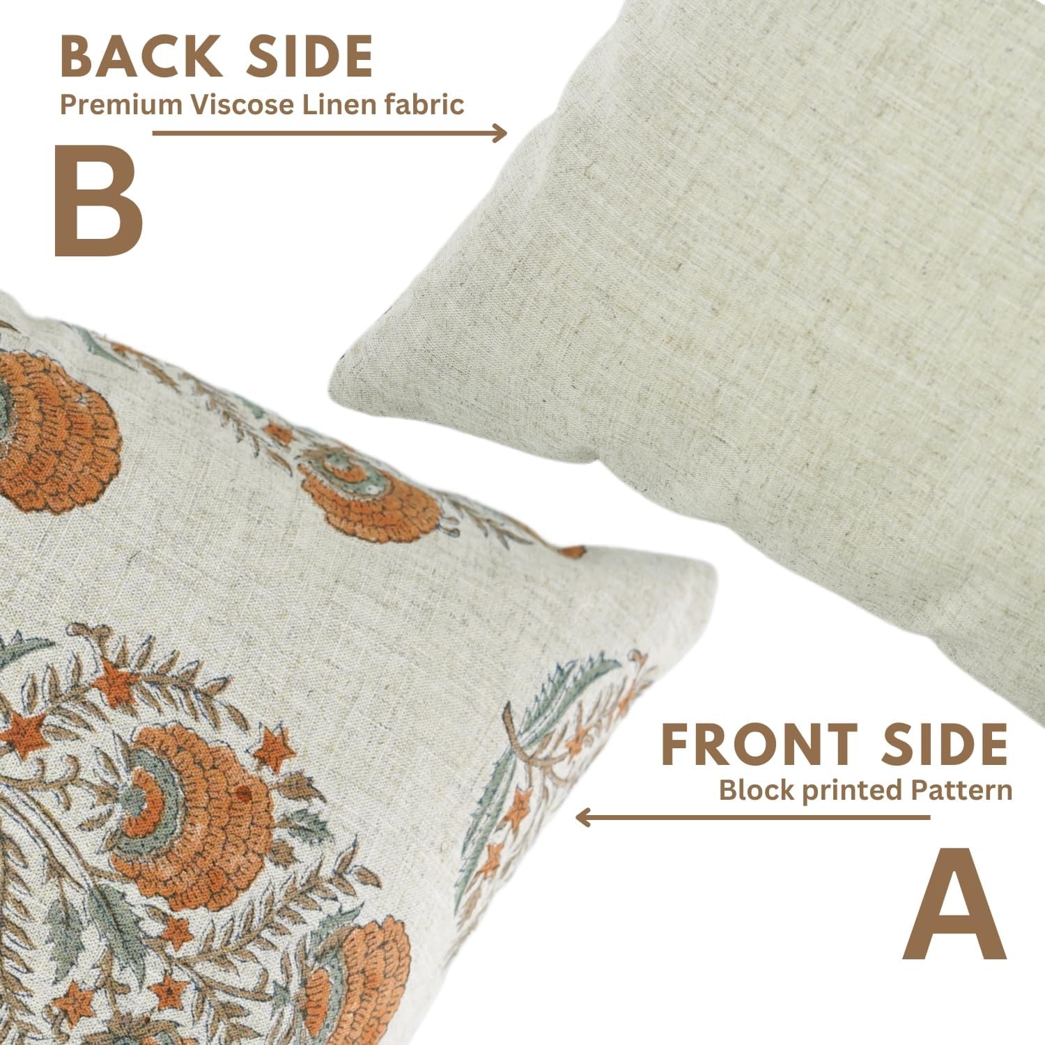 Pillow Covers Floral Hand Block Print Viscous Linen 16X16 Throw Cushion Cover, Indoor Farmhouse Pillowcase, Decorative for Sofa and Couch, Boho Home Decor, Mohini, Orange