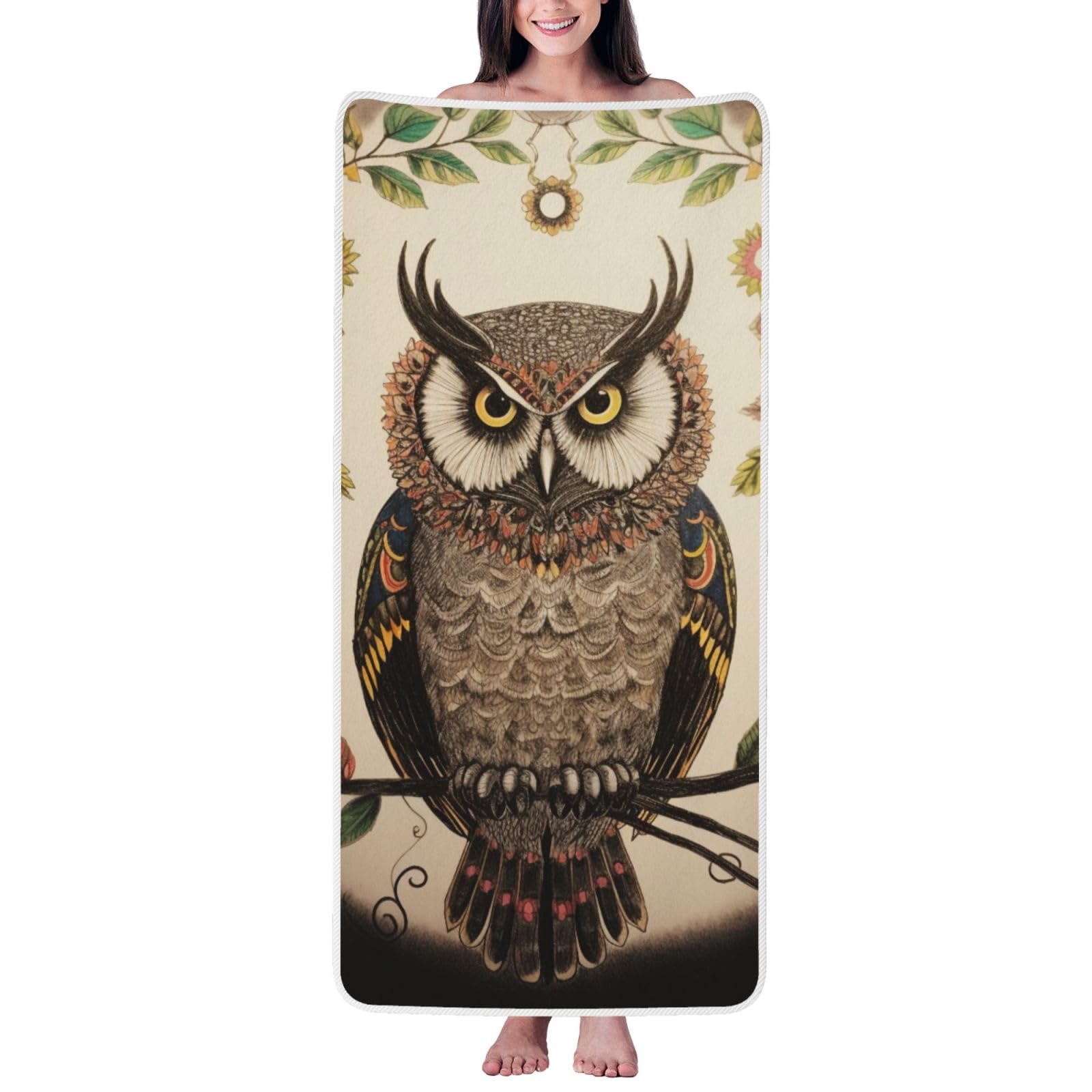 WPKJU Owl Beliefs Printed Bath Towel with White Edging - 27x55 in Soft Extra Absorbent Coral Velvet Shower Towels for Bathroom