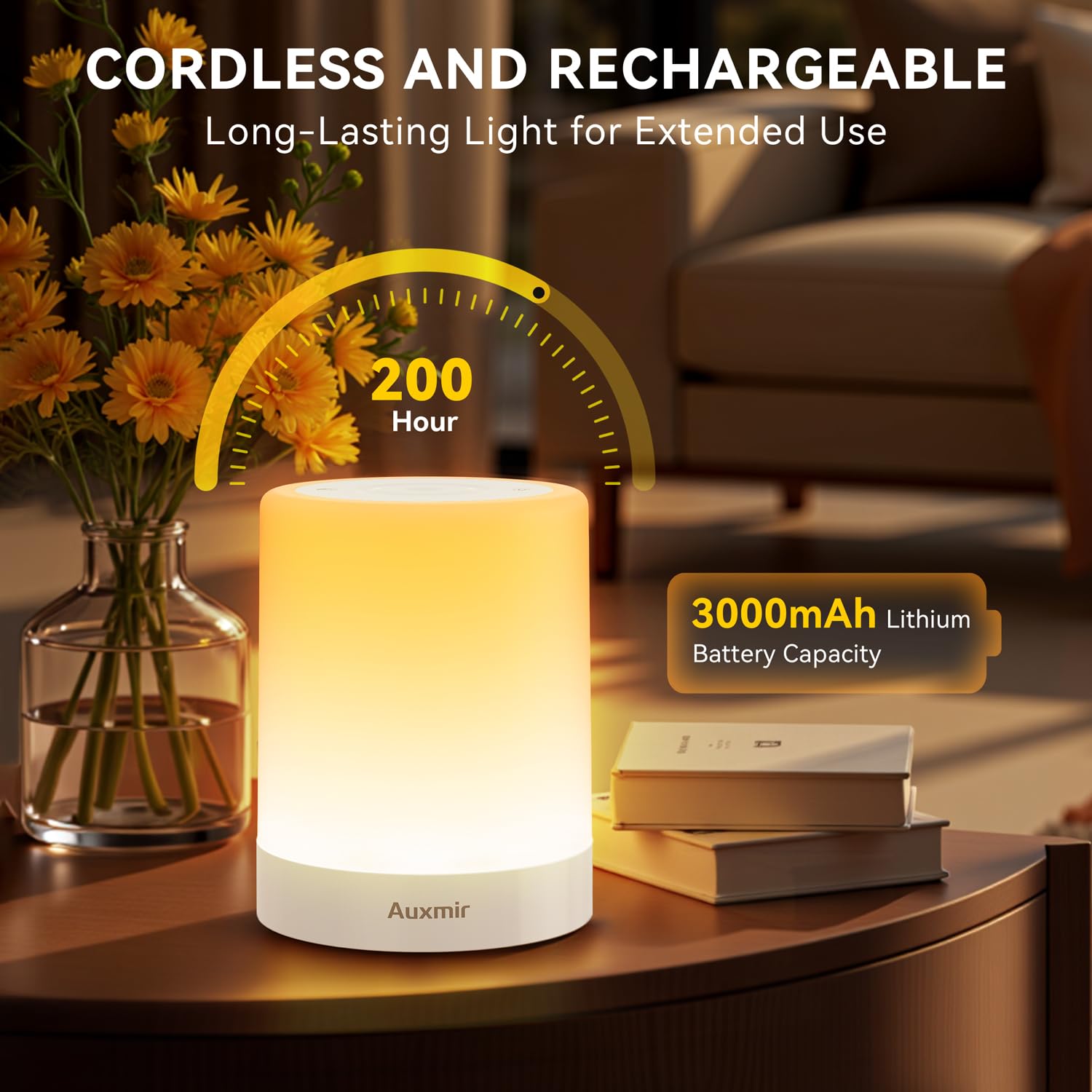 Auxmir Lampada da Comodino LED Touch, Luce Notturna senza Fili, Colori RGB, 4 Modalità, 5 Livelli di Luminosità, Ricaricabile 3000mAh, Funzione Timer, Lampada LED per Cameretta, Camera da letto