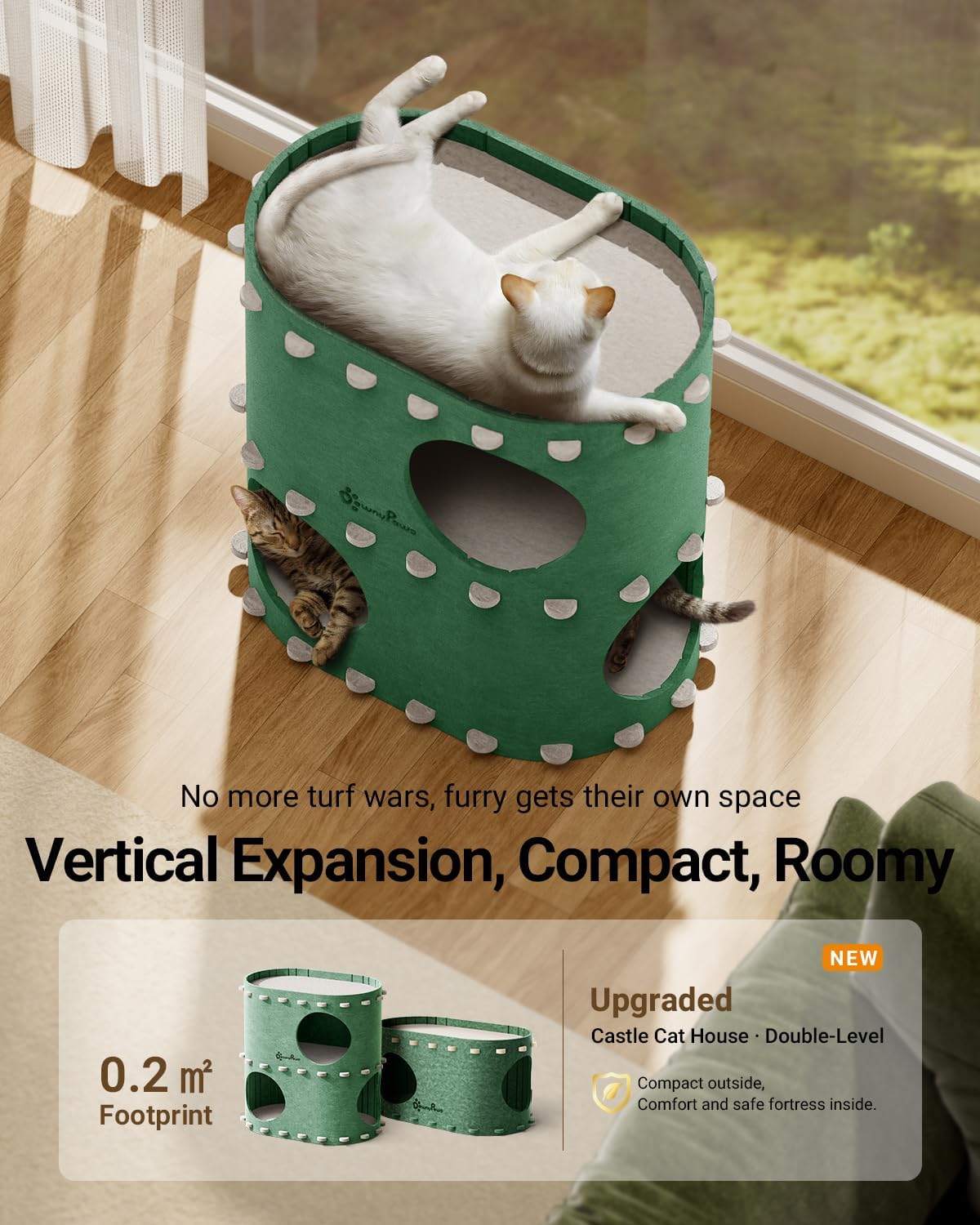 DownyPaws Cat House for Indoor Cats, 2-Storey Foldable Cat Bed Cave, Felt Cats Tunnel Bed Condo, Castle Kitten Cube Hideaway for Multicats, Scratch Resistant, Forest