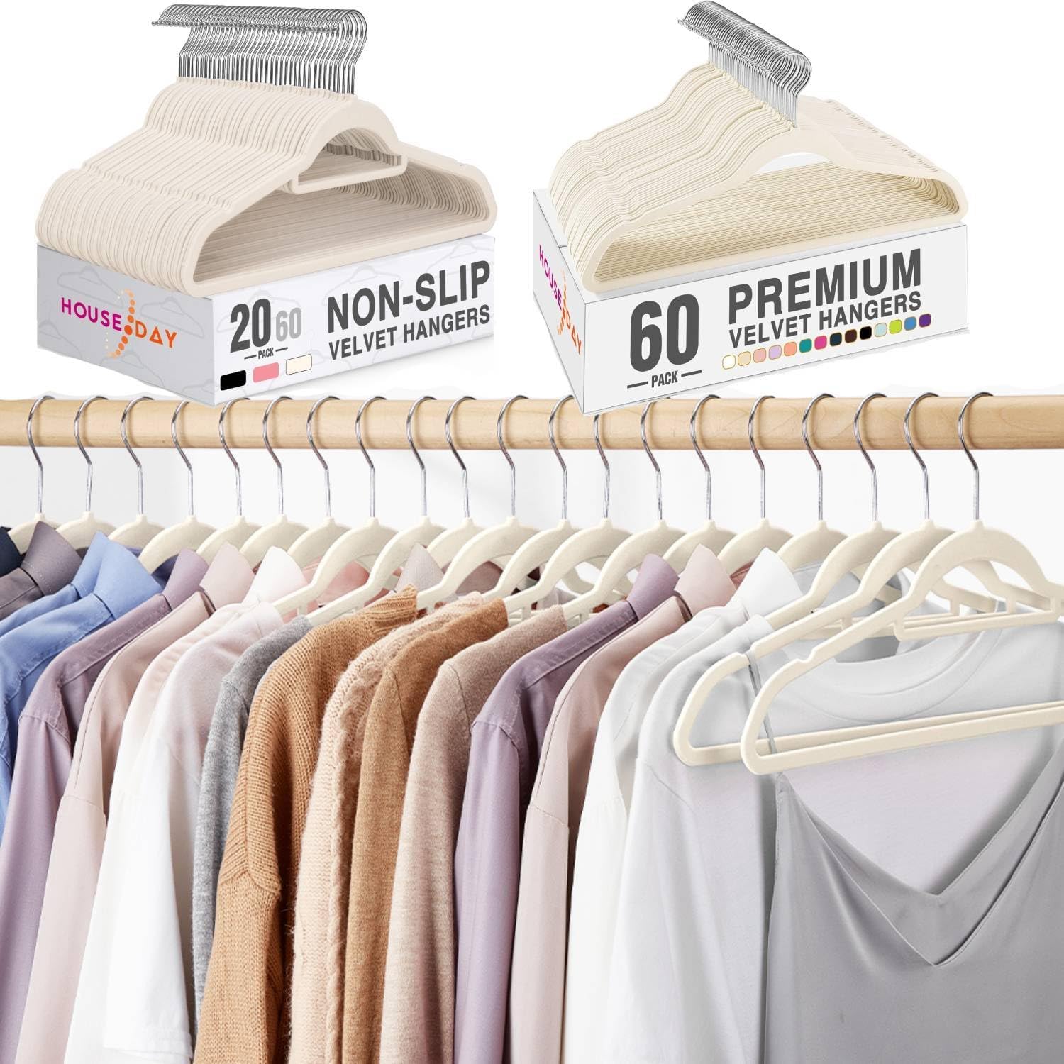 HOUSE DAY Velvet Hangers 60 Pack N Velvet Hangers with Tie Bar 20 Pack Ivory