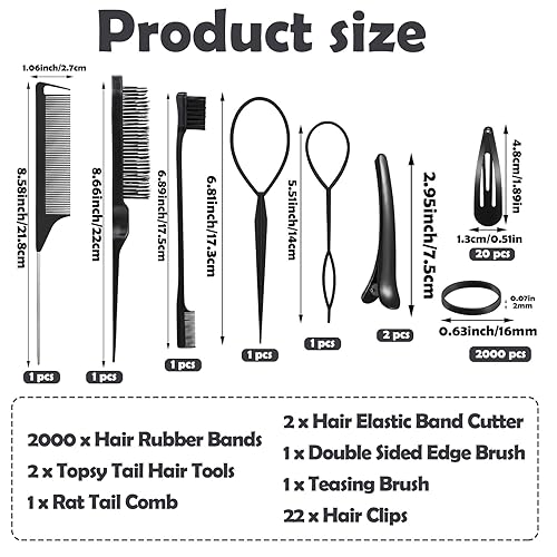 Miniatura 2 de 2000 bandas de goma negras para el cabello con 27 herramientas de peinado, pequeñas bandas elásticas para el cabello con cola Topsy Herramientas