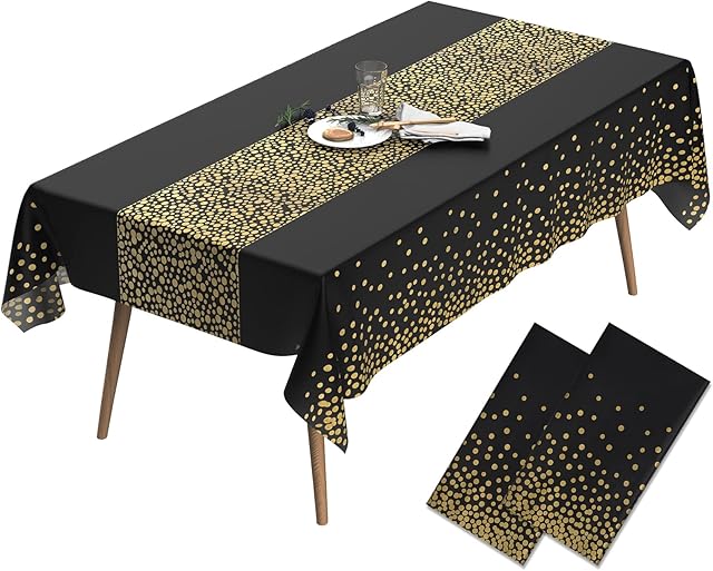 WENYA Black Party Table Cloth 54" x 108", 2 Pack Plastic Table Cloth Wipeable, Rectangular Waterproof Party Tablecloth for kids Party Birthday Festive Party