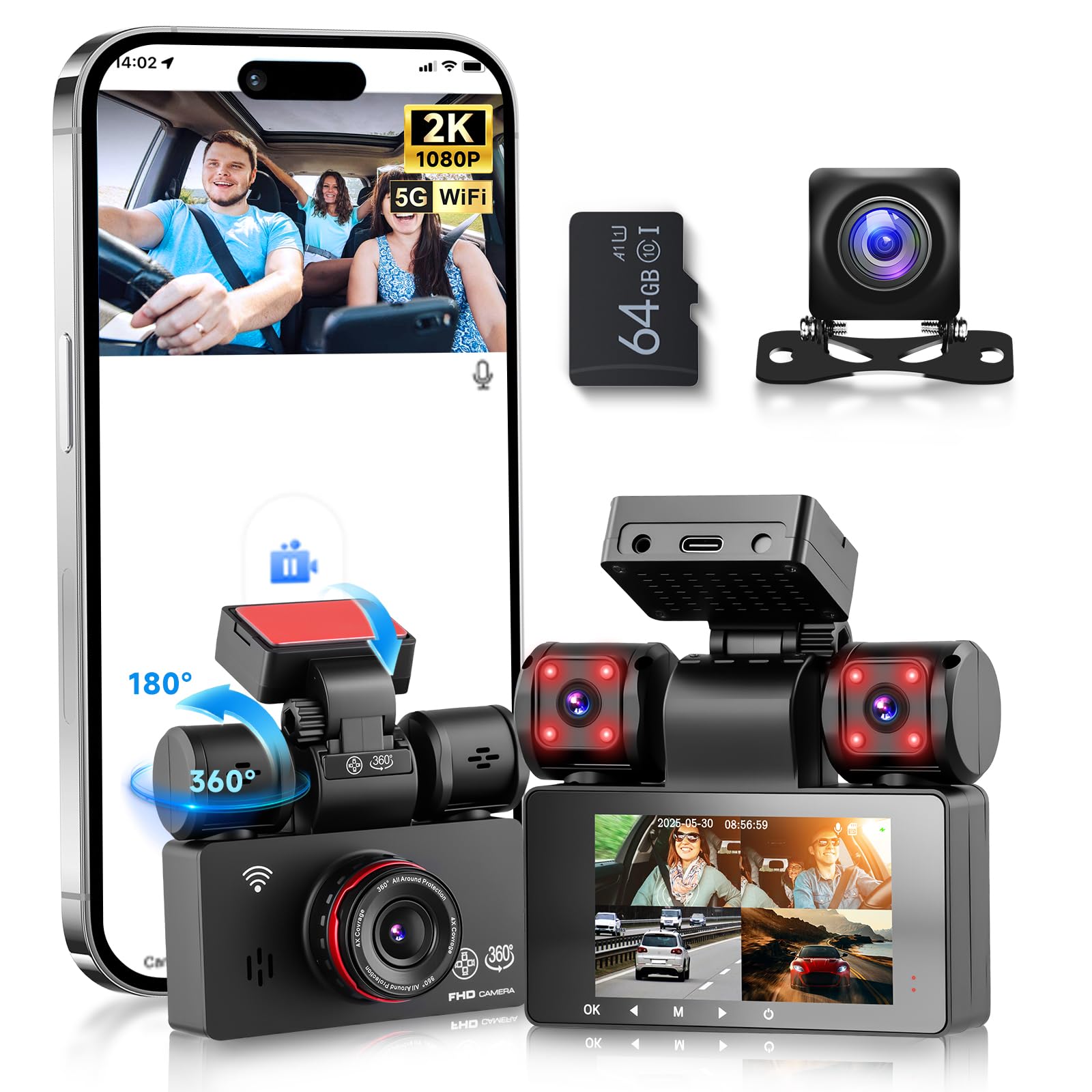 VECHTEL Cámara de salpicadero 2K para Coche, Delantera y Trasera,con WiFi, 4 cámaras de salpicadero 1080P,Pantalla IPS de 3 Pulgadas, visión Nocturna, Sensor G,360 ​​Grados,con Tarjeta SD de 64 GB