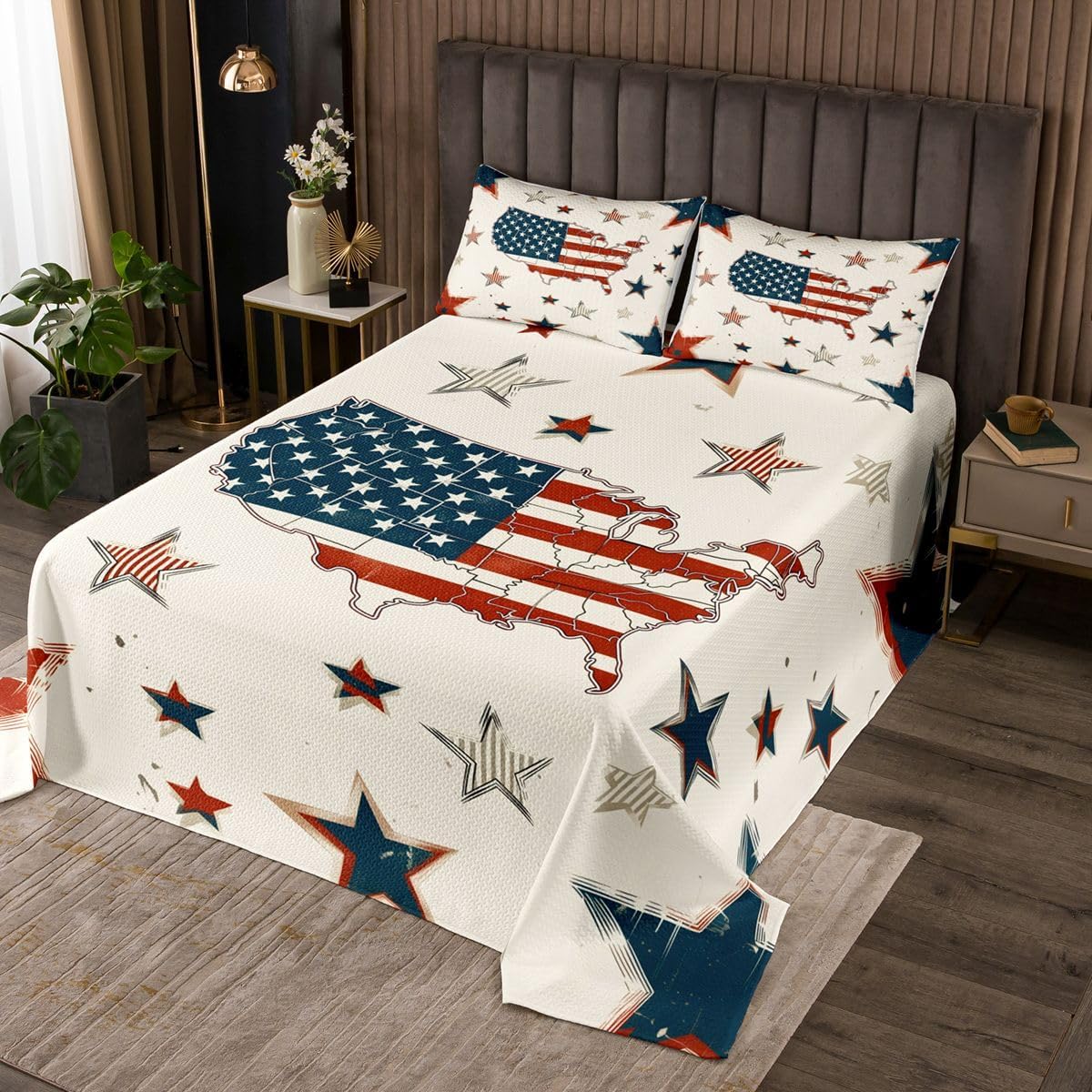 Feelyou American Flag Eagle Bedspread Quilts 4th of July Coverlet Set Queen Size for Kids Boys Girls Independence Day Quilted Coverlet for All Season with 2 Pillowcases Microfiber