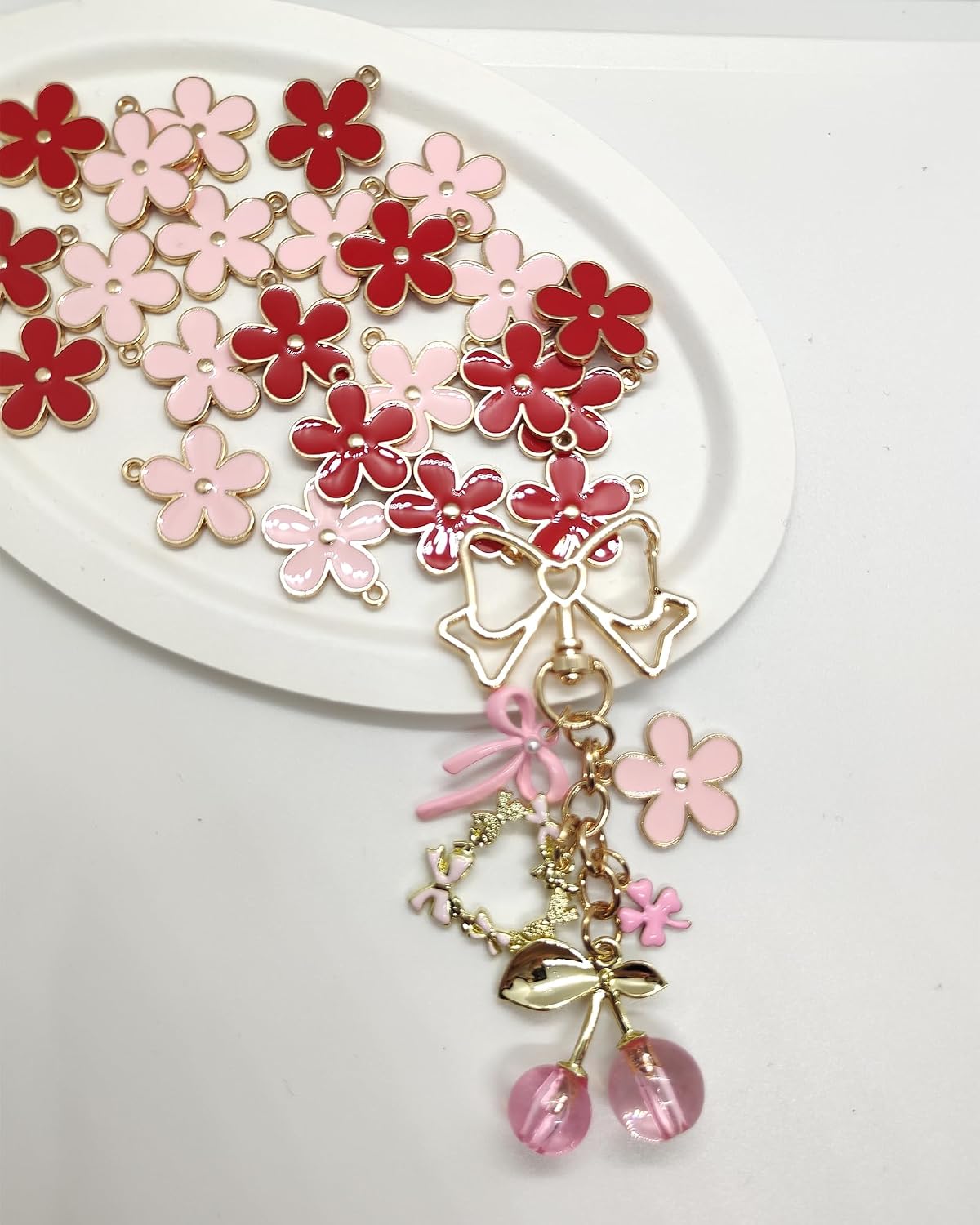 Sweet Pink Bow & Cherry Keychain for Women, Cute Y2K Bag Charm with Flower Heart Charm, Aesthetic Key Accessories image 4