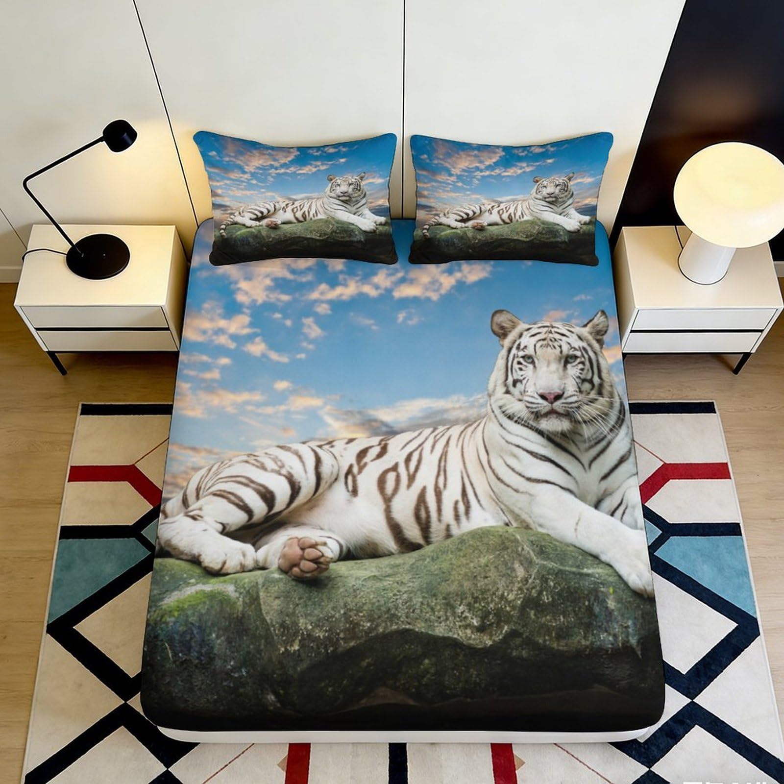 3D Printed White Tiger Fitted Sheet Microfiber Deep Pocket Non-Slip Bedroom Bedding White Tiger Mattress Fitted Cover for Adults Teens 200x200x25cm 90x200x25cm