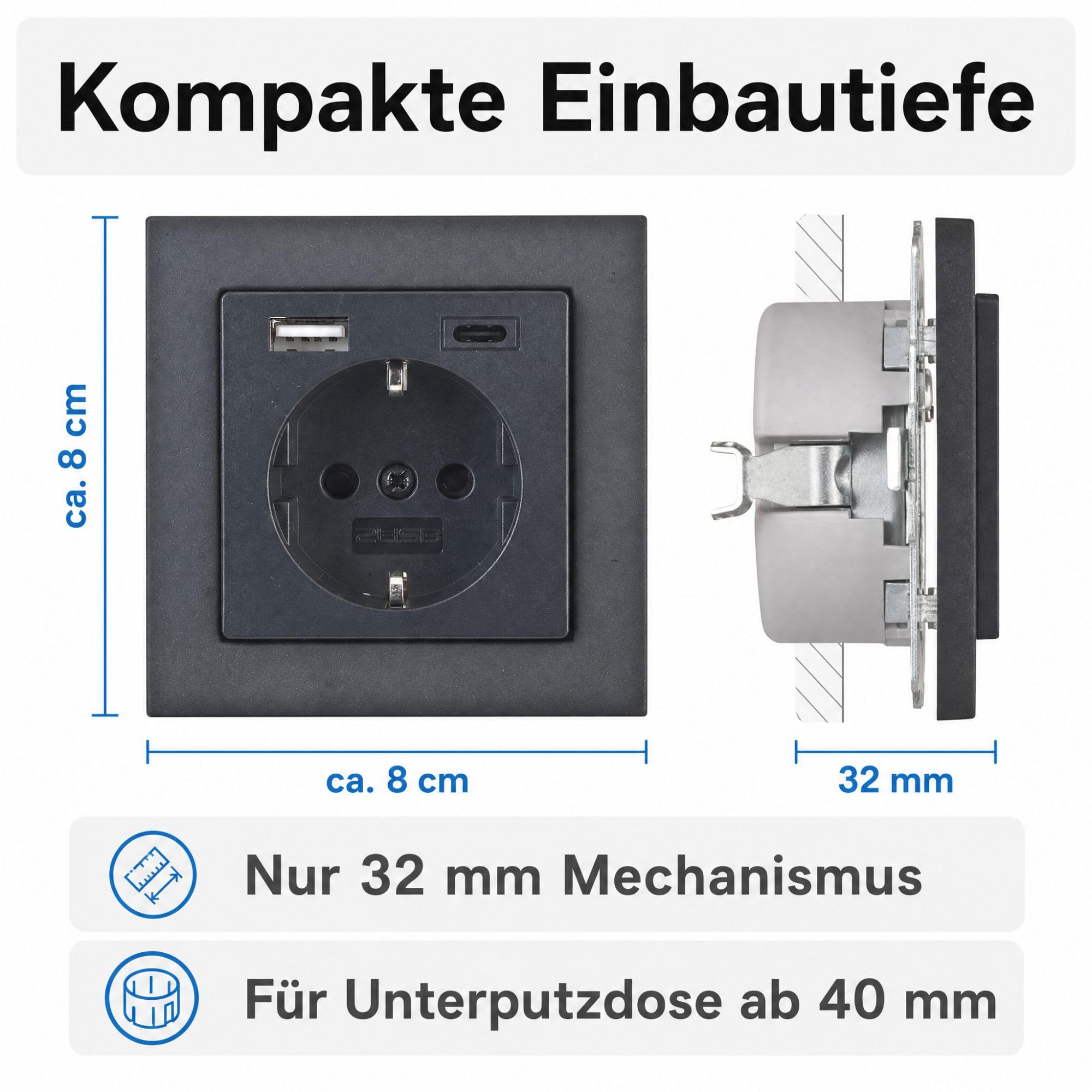 USB-Steckdose chargeMax unter Putz USB-A + USB-C mit Rahmen Ausführung 2USB, Tiefe nur 32mm, Set mit Abdeckung Gira E2 anthrazit