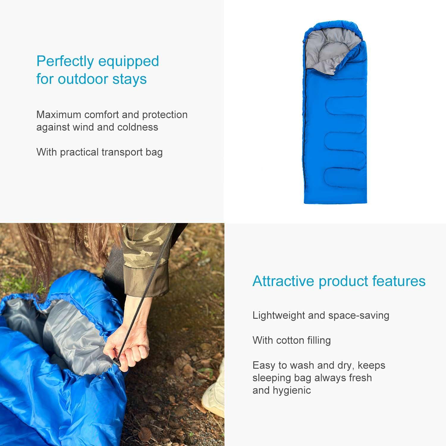 Intirilife Saco de Dormir Adecuado para temperaturas de 15-20 Grados, Hecho de poliéster Azul con un tamaño de 210 x 75 cm - para Noches cálidas y reparadoras en Primavera, otoño e Invierno