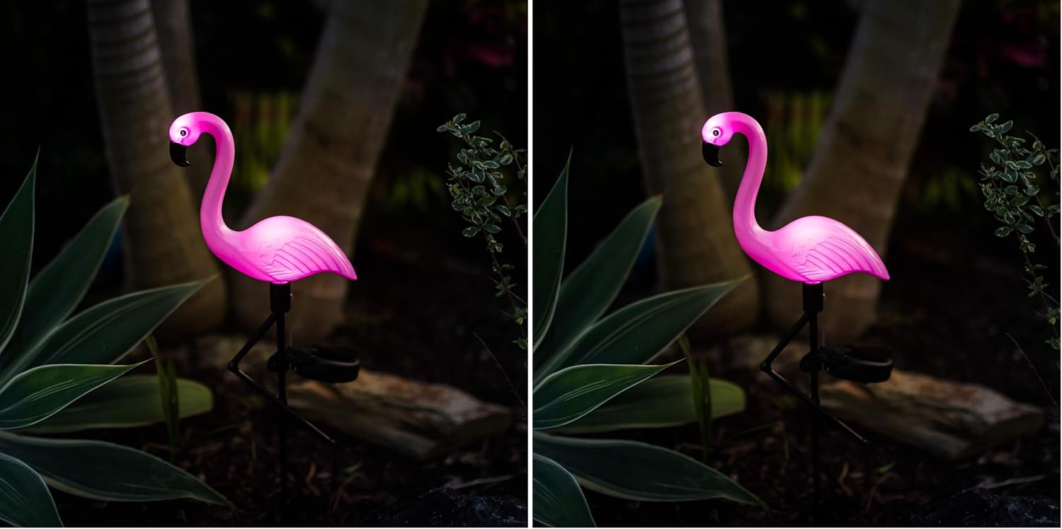 Solar Flamingo Lights Outdoor | Pink Flamingo Yard Decorations | Lawn Light Stakes Garden Ornaments (Pack of 2)