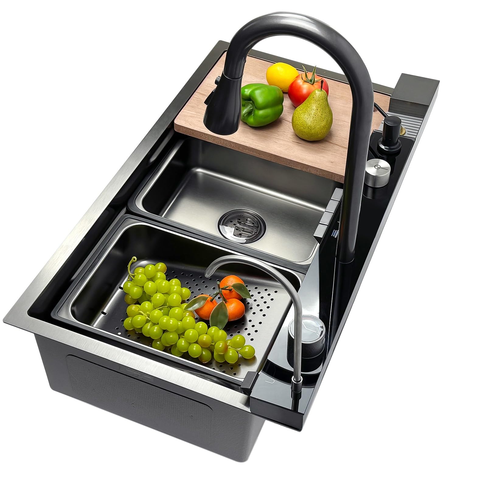 ZQFHSX Black Gray Waterfall Kitchen Sink, with Multi-Function Faucet, Cup Washer, Drain Knob, Drinking Tap and Set, Large Farmhouse Workstation Bar Sink(75x45x22cm)