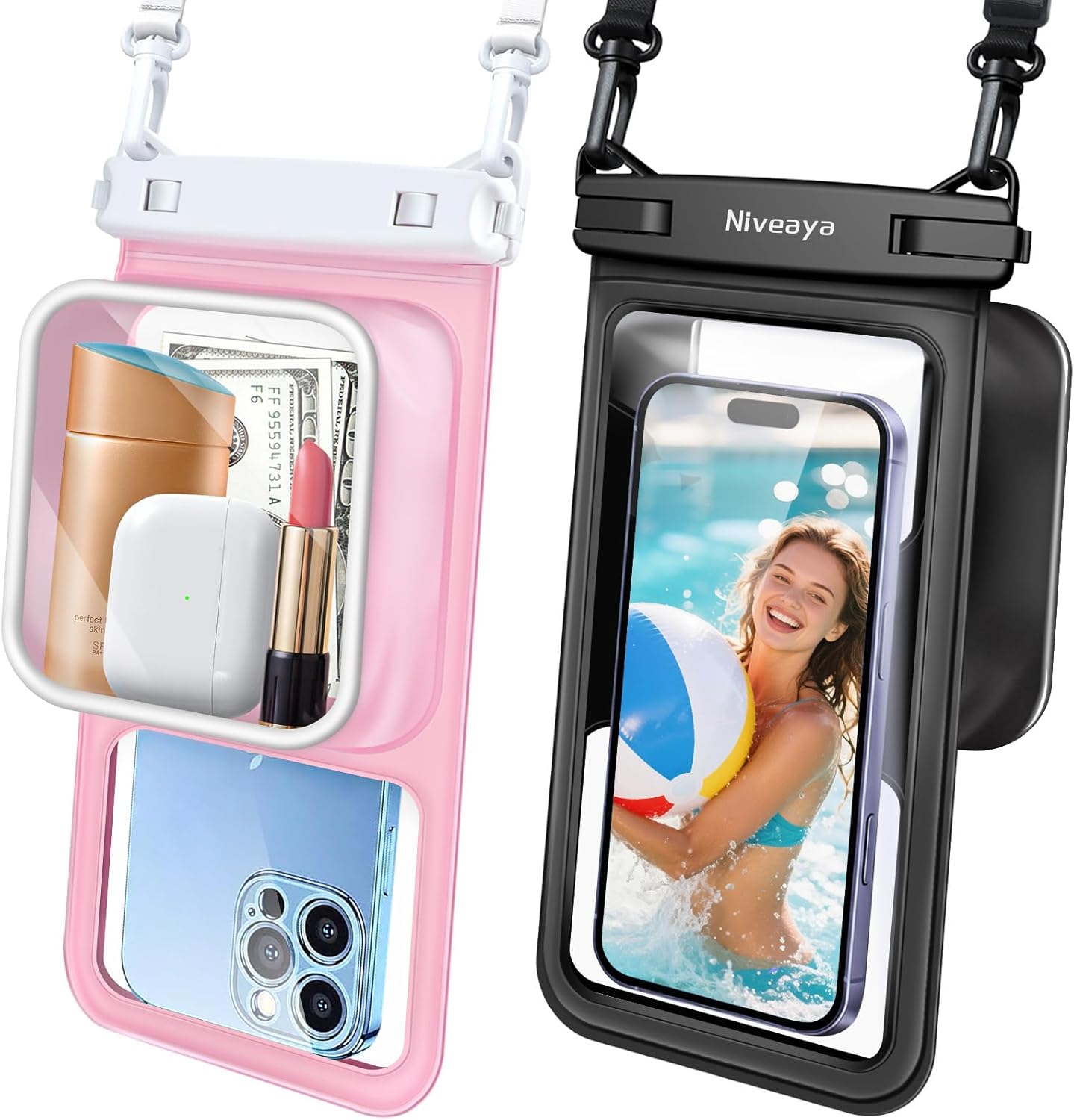 Niveaya [Floatable Floating Waterproof Phone Pouch 2 Pack-Up to 8.5", Large Space Adjustable Neck Lanyard Waterproof Phone Case, Phone Dry Bags for Vacation Beach Pool Kayak Cruise Travel Essentials