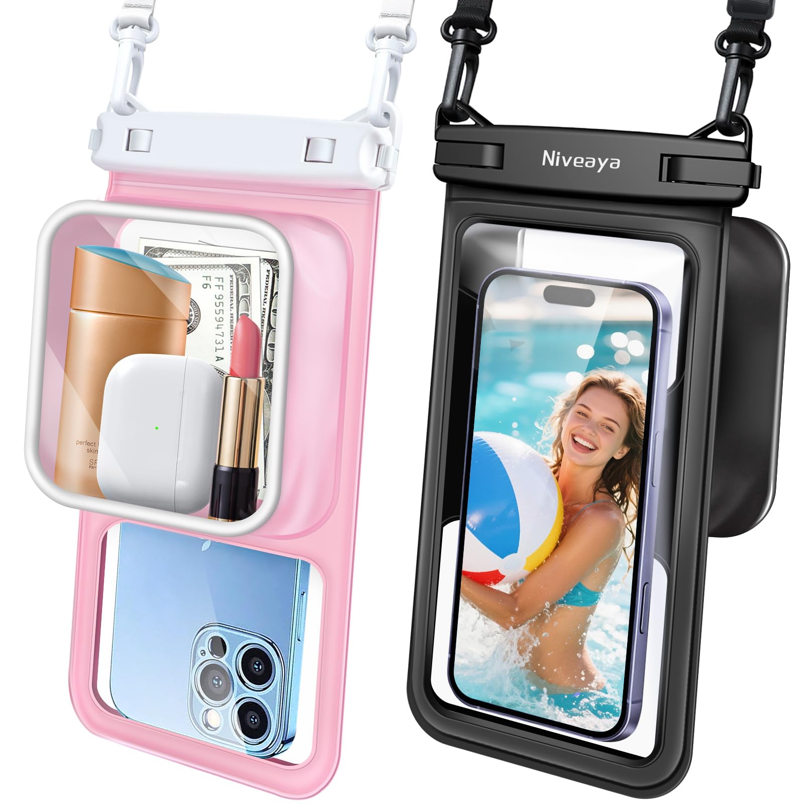 Niveaya [Floatable Floating Waterproof Phone Pouch 2 Pack-Up to 8.5", Large Space Adjustable Neck Lanyard Waterproof Phone Case, Phone Dry Bags for
